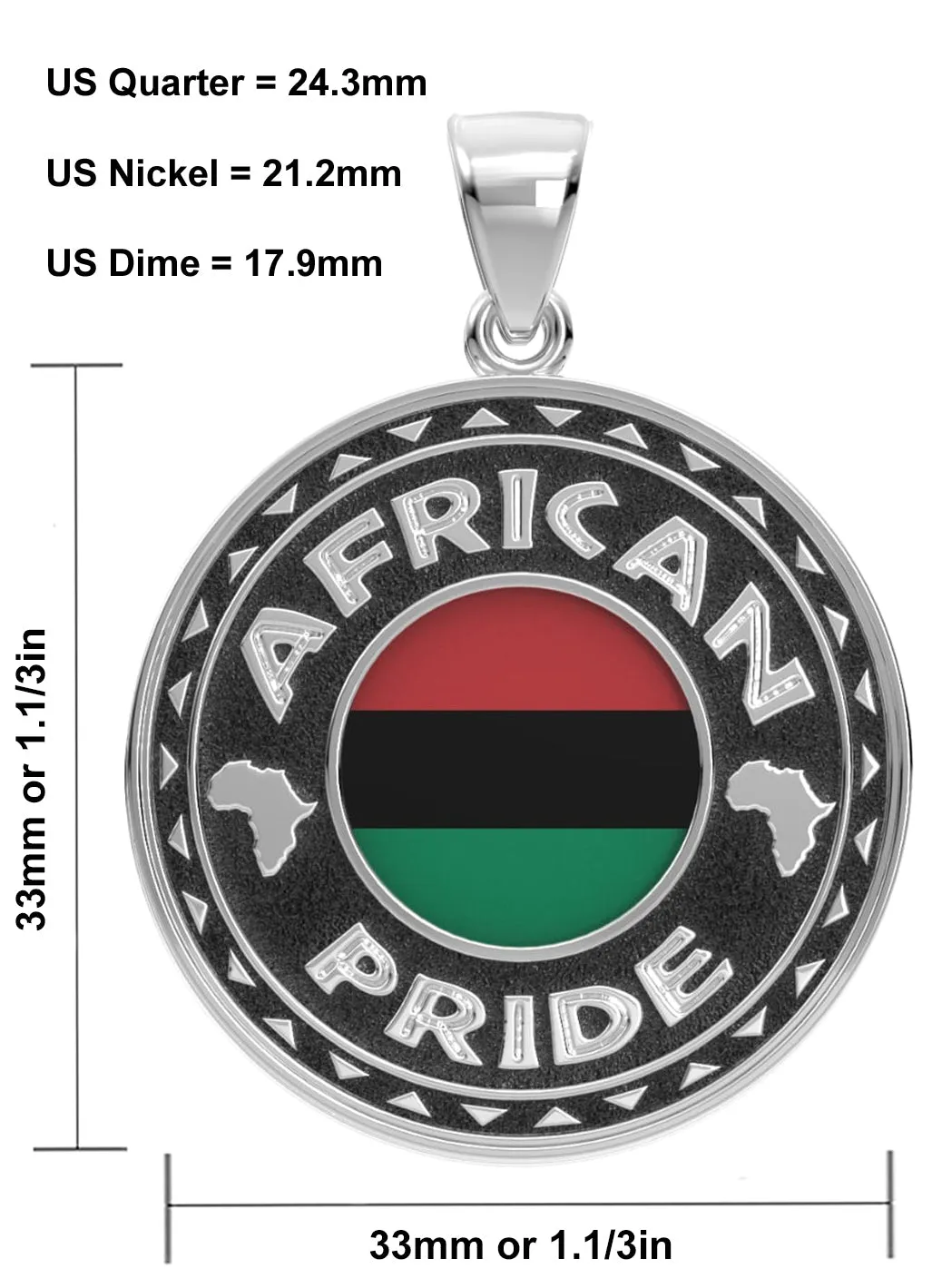 Men's 925 Sterling Silver African Pride Medal Pendant Necklace with Flag, 33mm
