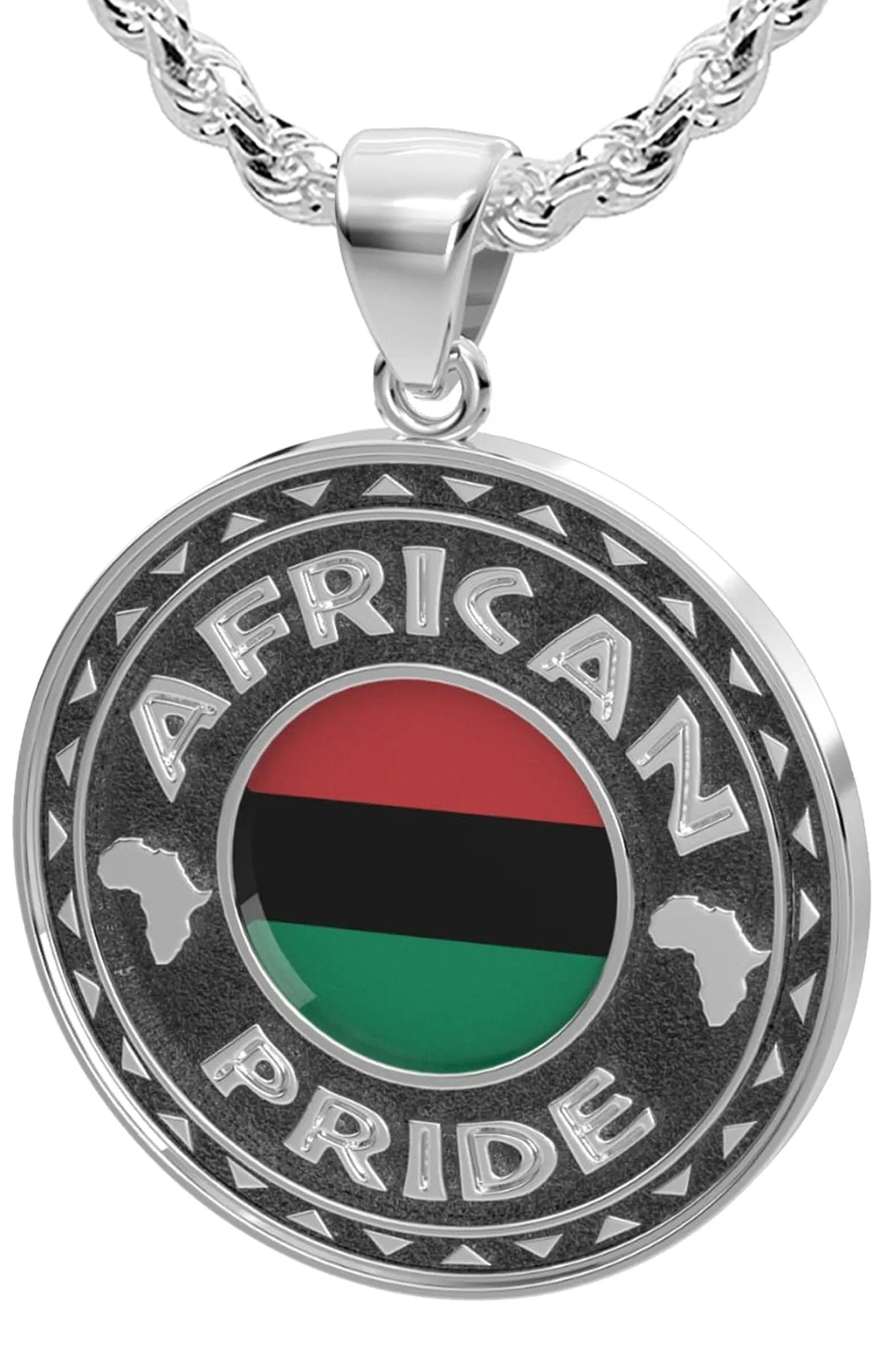 Men's 925 Sterling Silver African Pride Medal Pendant Necklace with Flag, 33mm