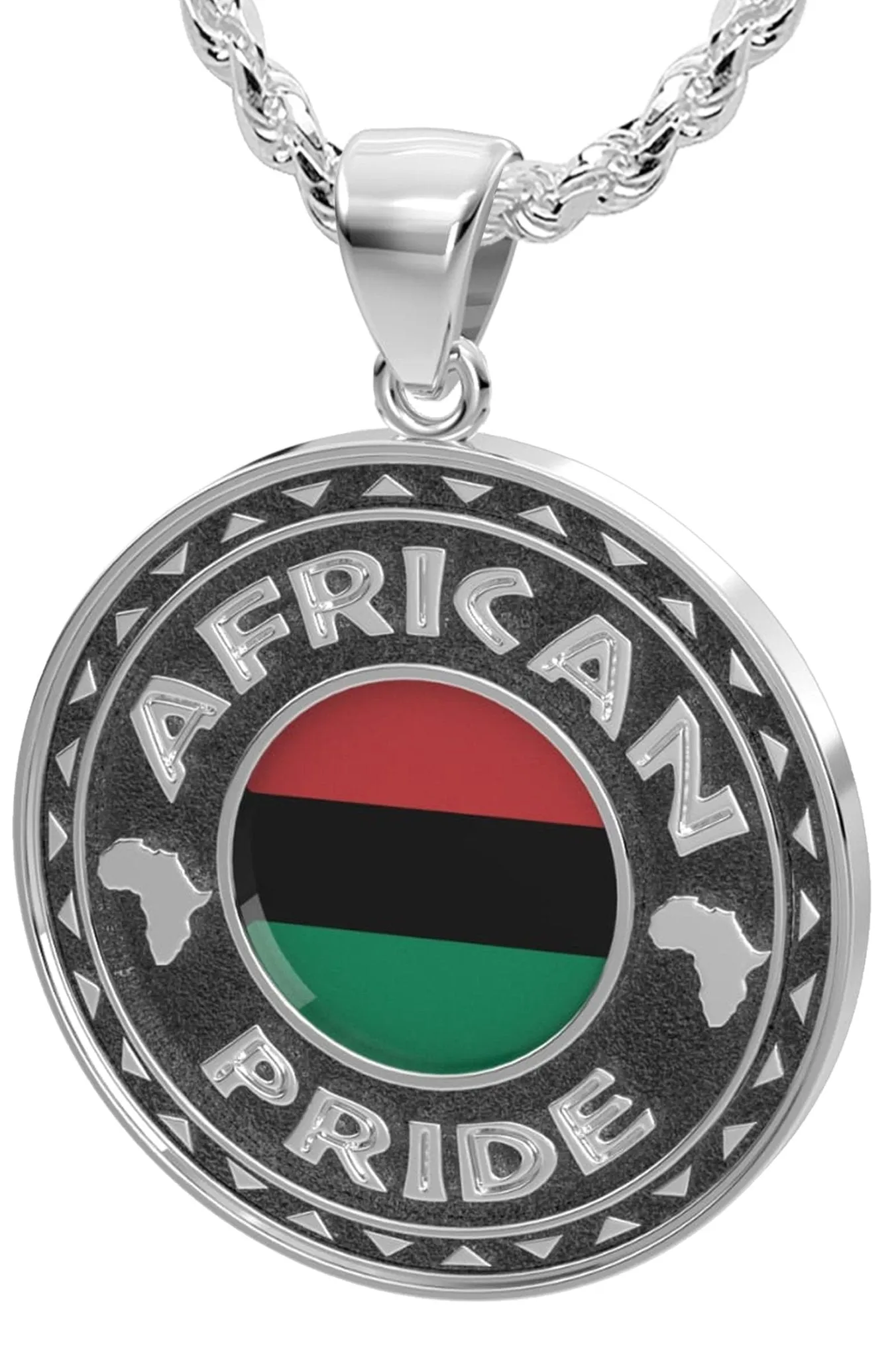 Men's 925 Sterling Silver African Pride Medal Pendant Necklace with Flag, 33mm
