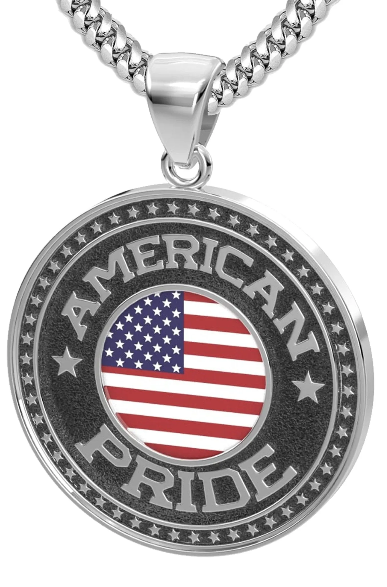 Men's 925 Sterling Silver American Pride Medal Pendant Necklace with Flag, 33mm