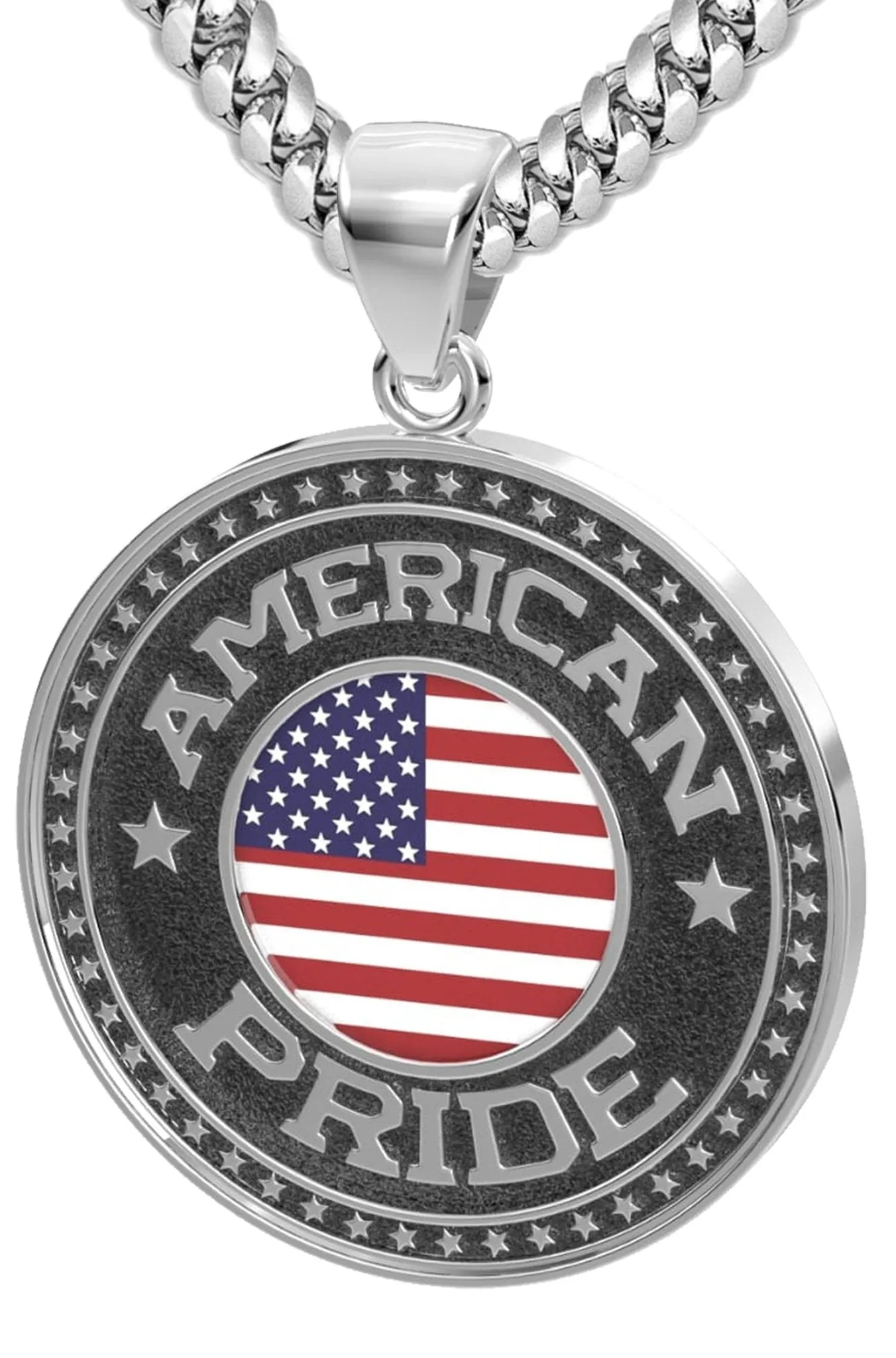 Men's 925 Sterling Silver American Pride Medal Pendant Necklace with Flag, 33mm