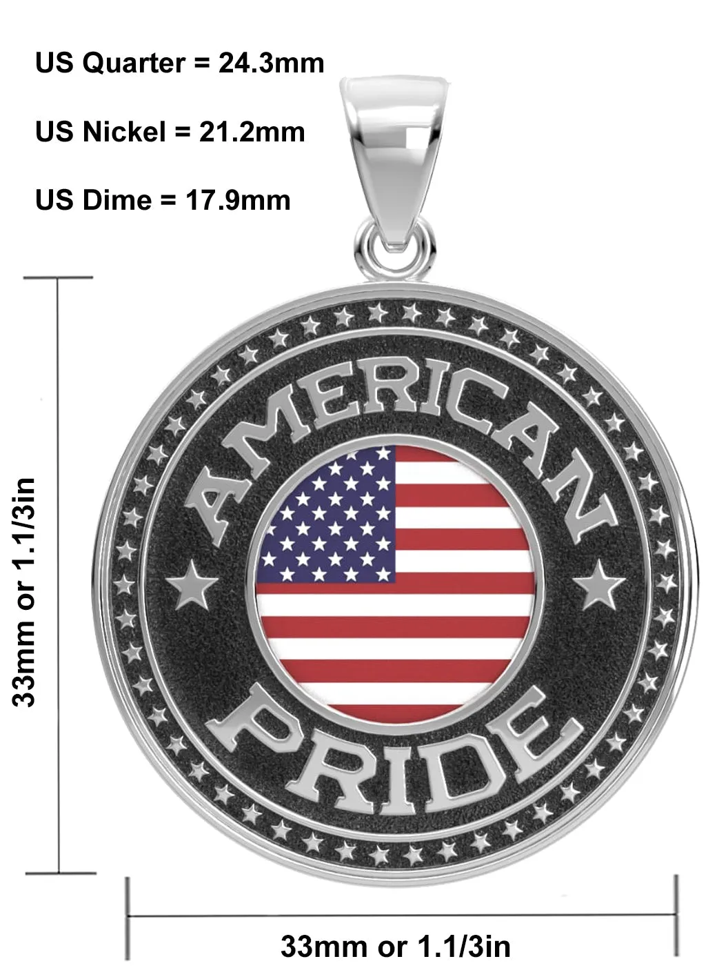 Men's 925 Sterling Silver American Pride Medal Pendant Necklace with Flag, 33mm
