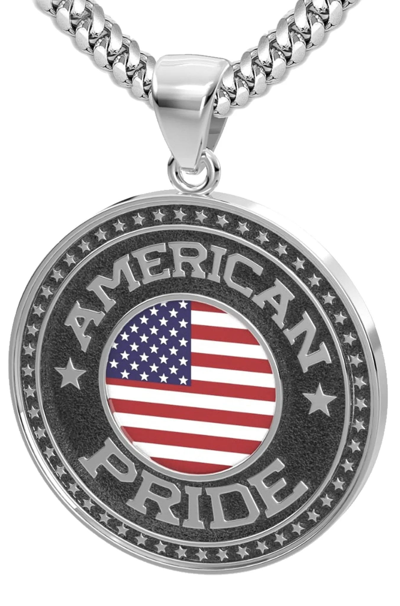 Men's 925 Sterling Silver American Pride Medal Pendant Necklace with Flag, 33mm