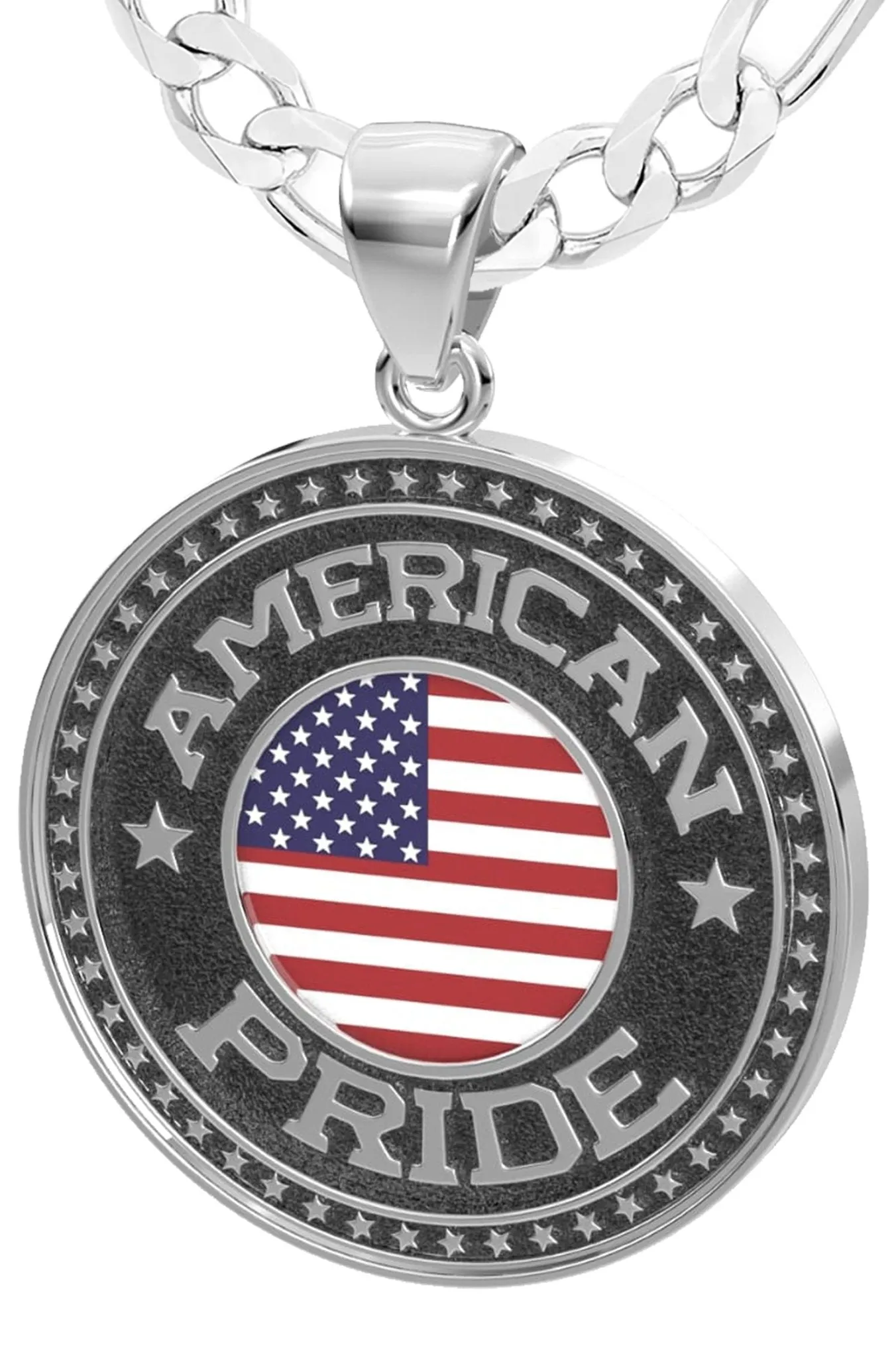 Men's 925 Sterling Silver American Pride Medal Pendant Necklace with Flag, 33mm