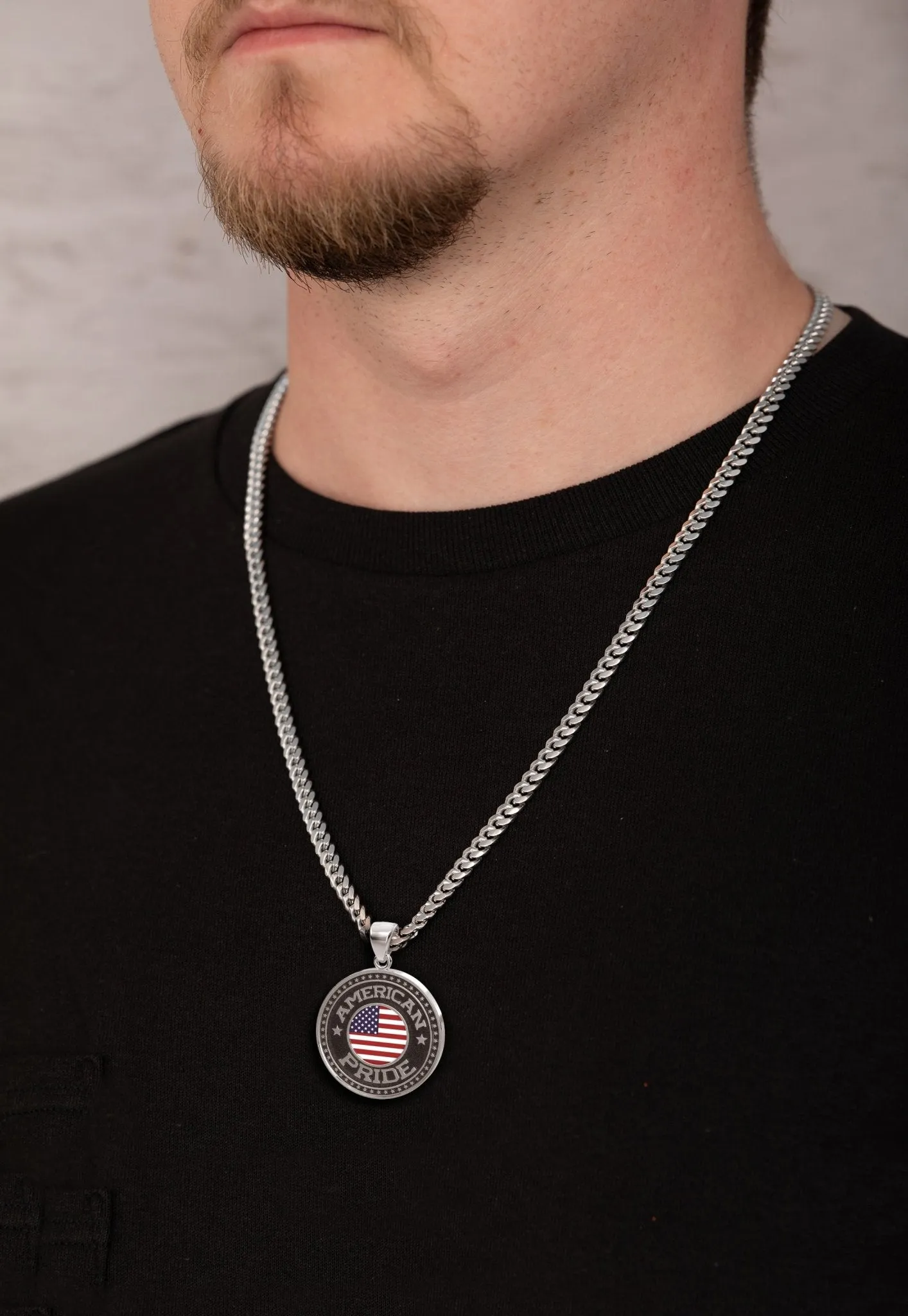 Men's 925 Sterling Silver American Pride Medal Pendant Necklace with Flag, 33mm