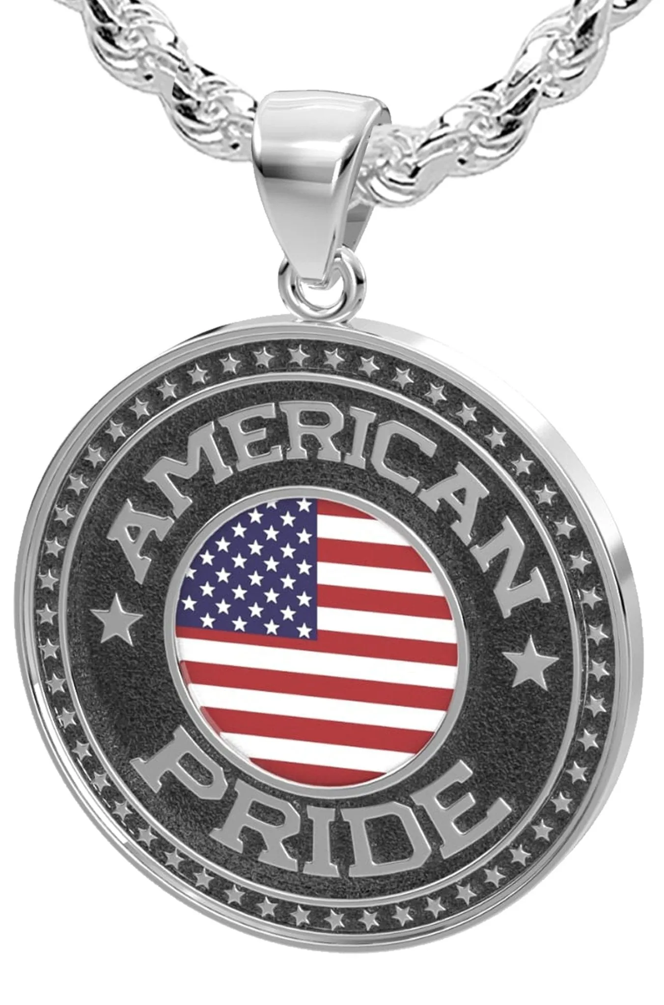 Men's 925 Sterling Silver American Pride Medal Pendant Necklace with Flag, 33mm