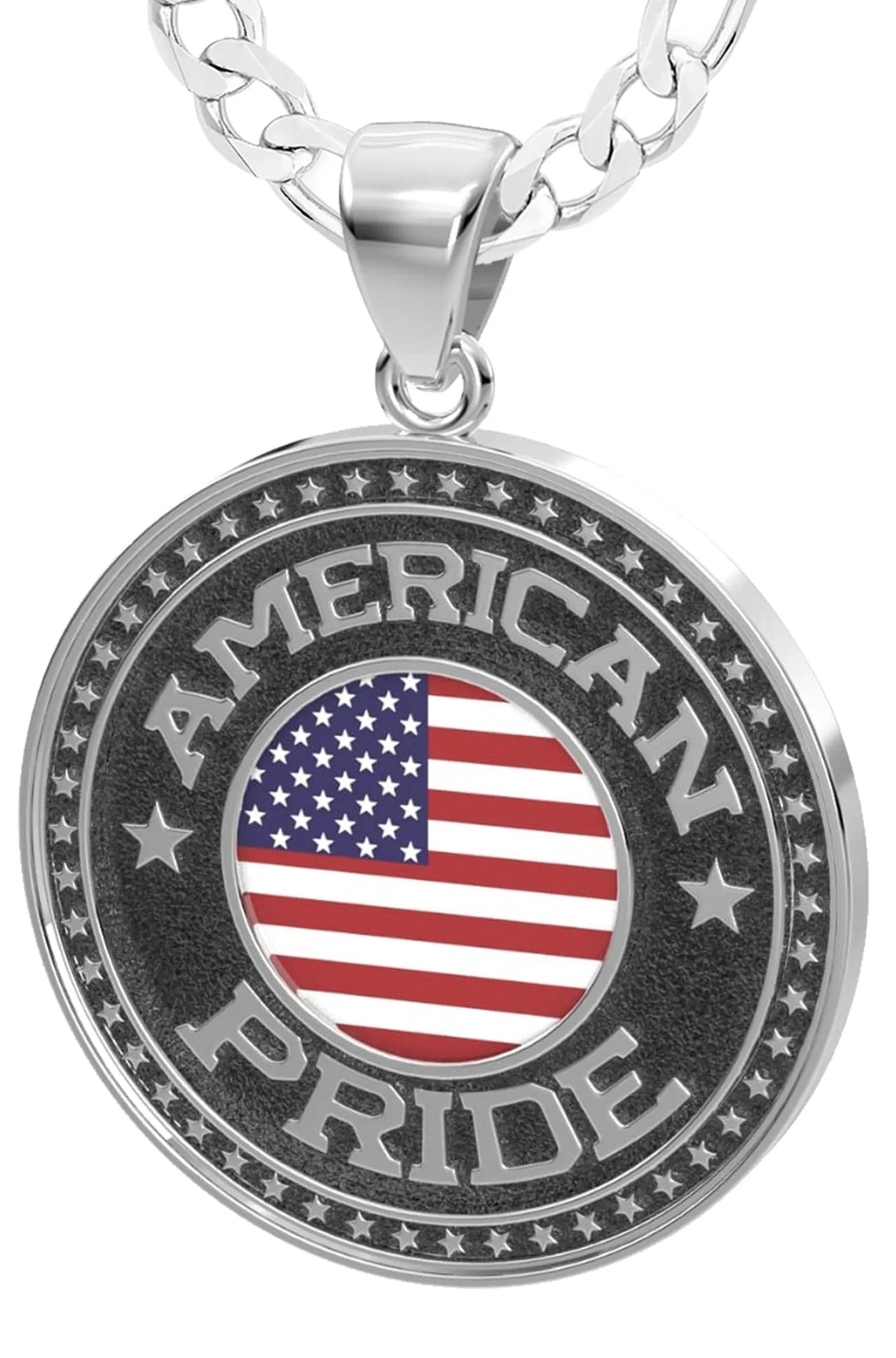 Men's 925 Sterling Silver American Pride Medal Pendant Necklace with Flag, 33mm