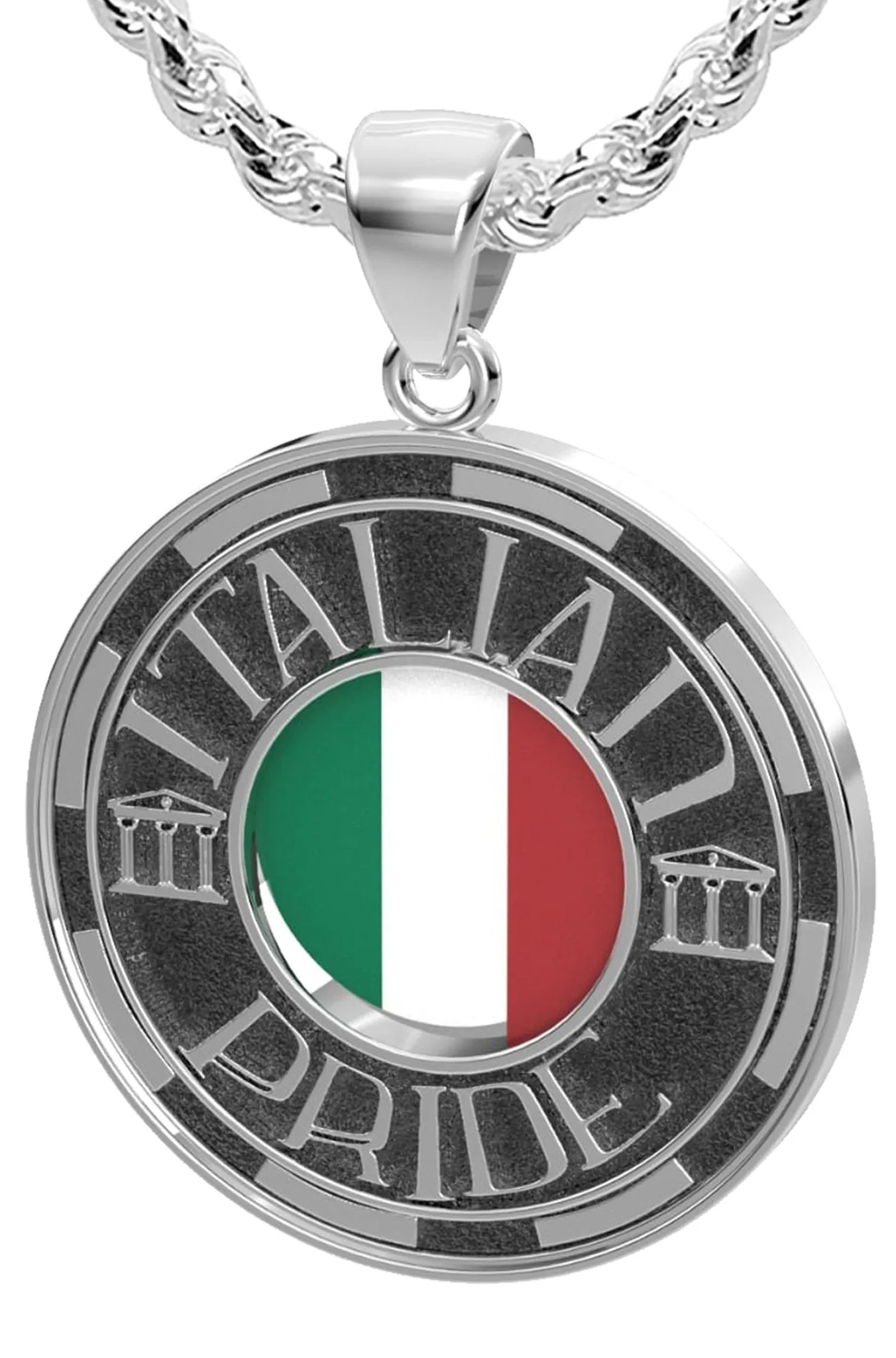 Men's 925 Sterling Silver Italian Pride Medal Pendant Necklace with Flag, 33mm