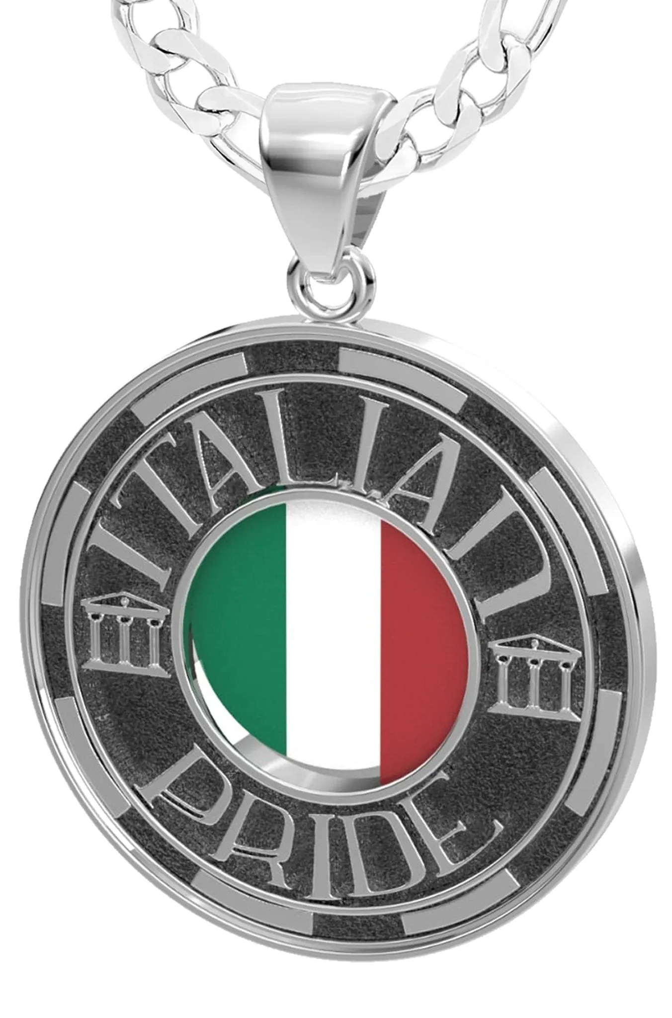 Men's 925 Sterling Silver Italian Pride Medal Pendant Necklace with Flag, 33mm