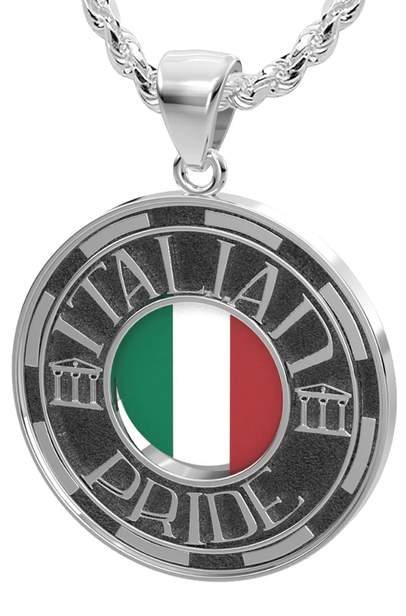 Men's 925 Sterling Silver Italian Pride Medal Pendant Necklace with Flag, 33mm