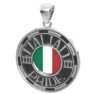 Men's 925 Sterling Silver Italian Pride Medal Pendant Necklace with Flag, 33mm