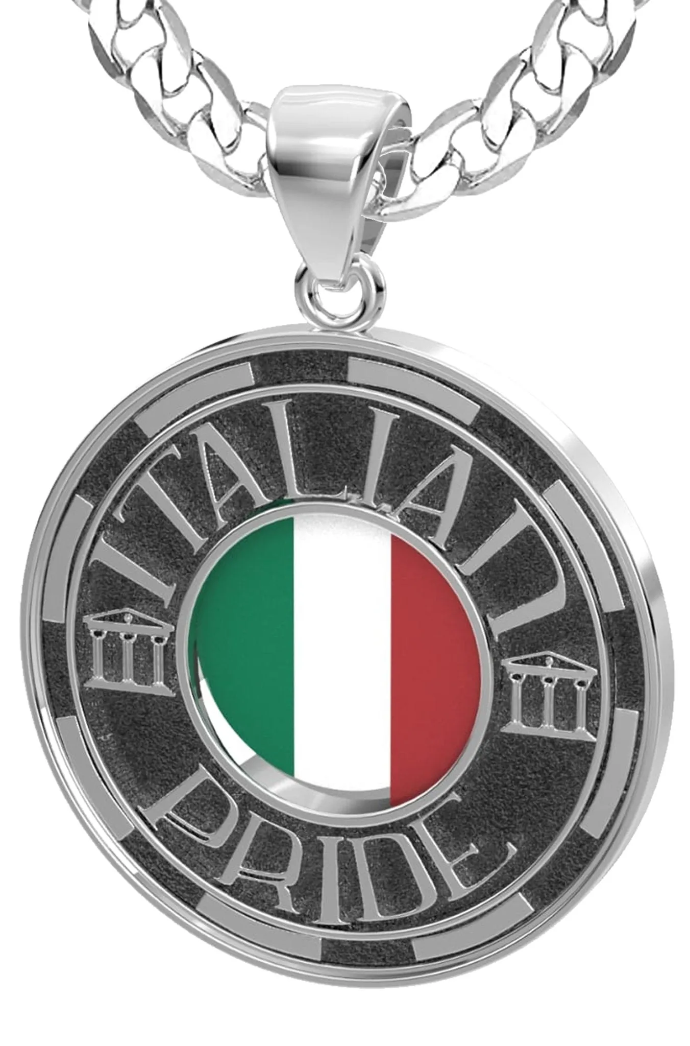 Men's 925 Sterling Silver Italian Pride Medal Pendant Necklace with Flag, 33mm
