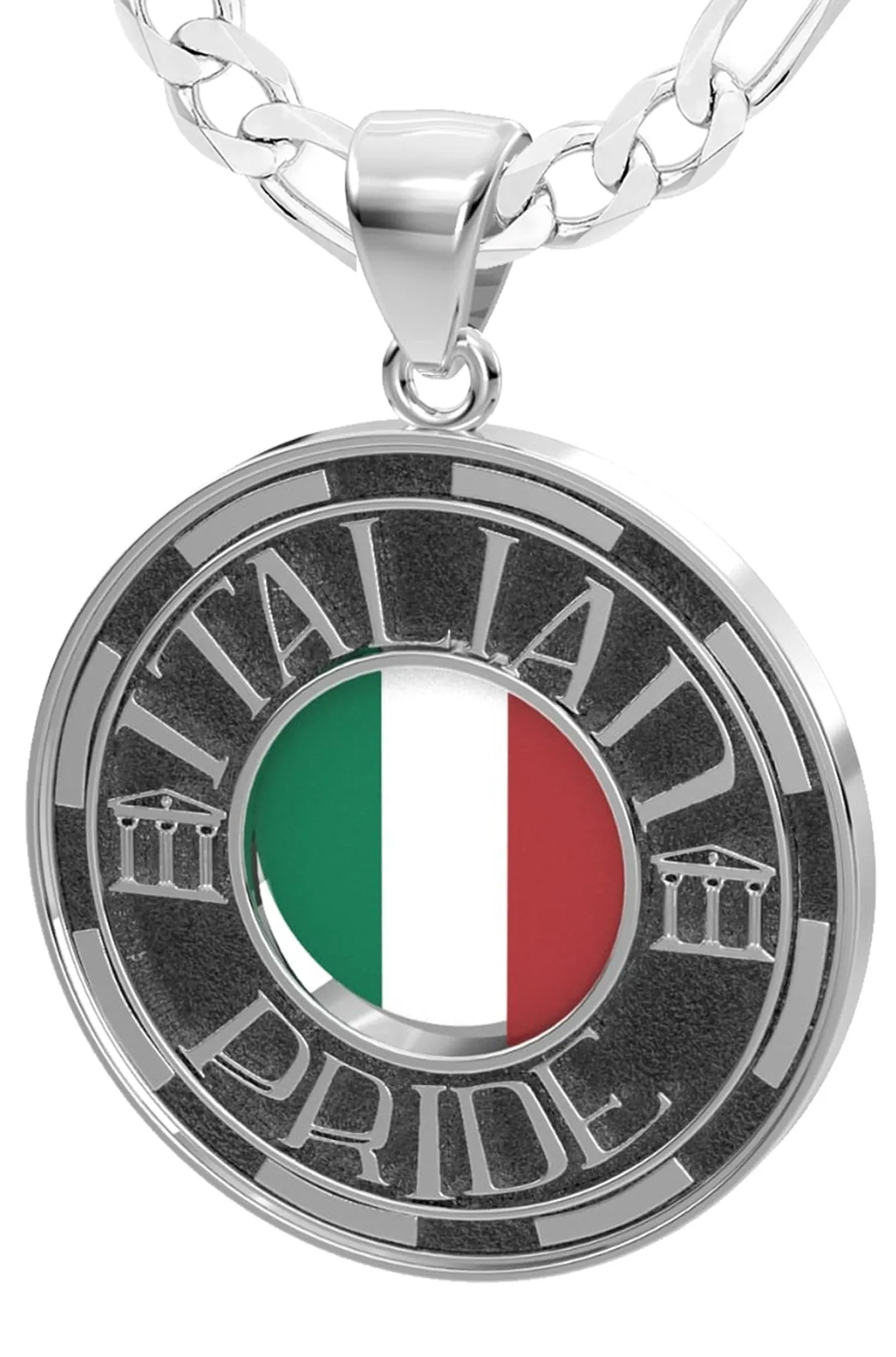 Men's 925 Sterling Silver Italian Pride Medal Pendant Necklace with Flag, 33mm