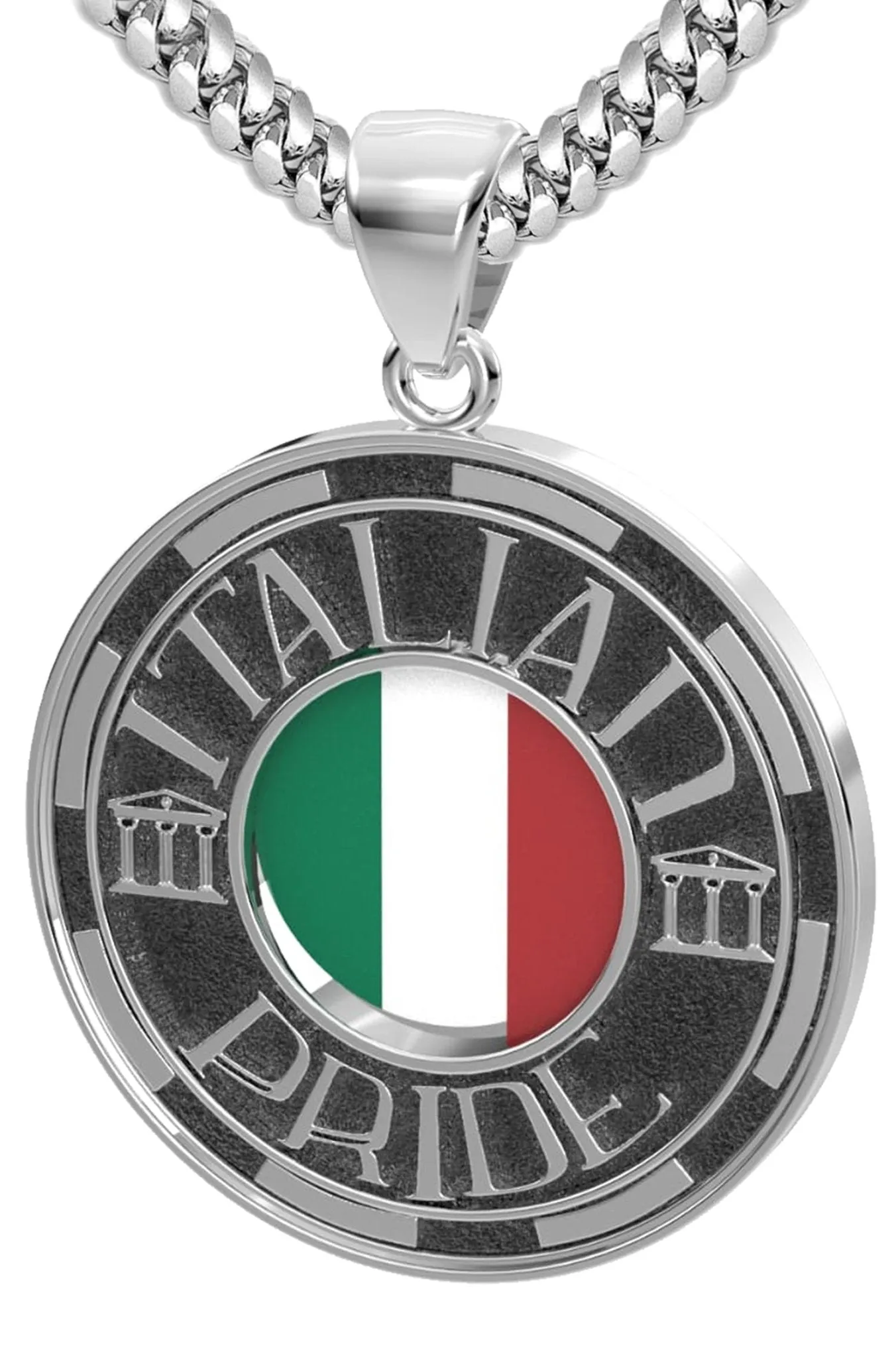 Men's 925 Sterling Silver Italian Pride Medal Pendant Necklace with Flag, 33mm