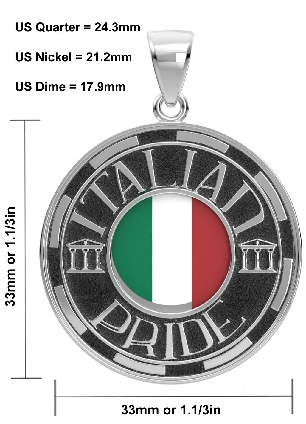 Men's 925 Sterling Silver Italian Pride Medal Pendant Necklace with Flag, 33mm