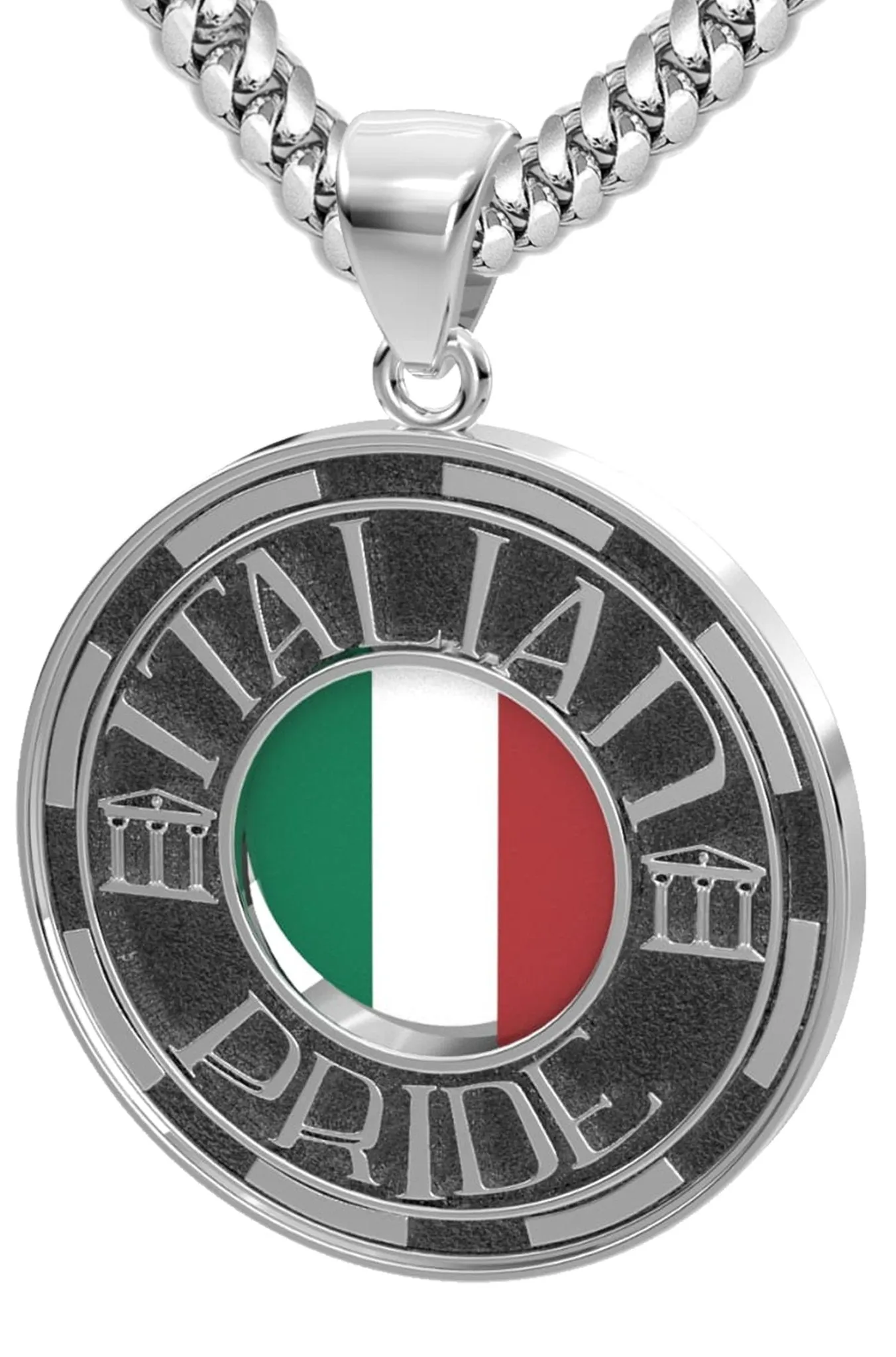 Men's 925 Sterling Silver Italian Pride Medal Pendant Necklace with Flag, 33mm
