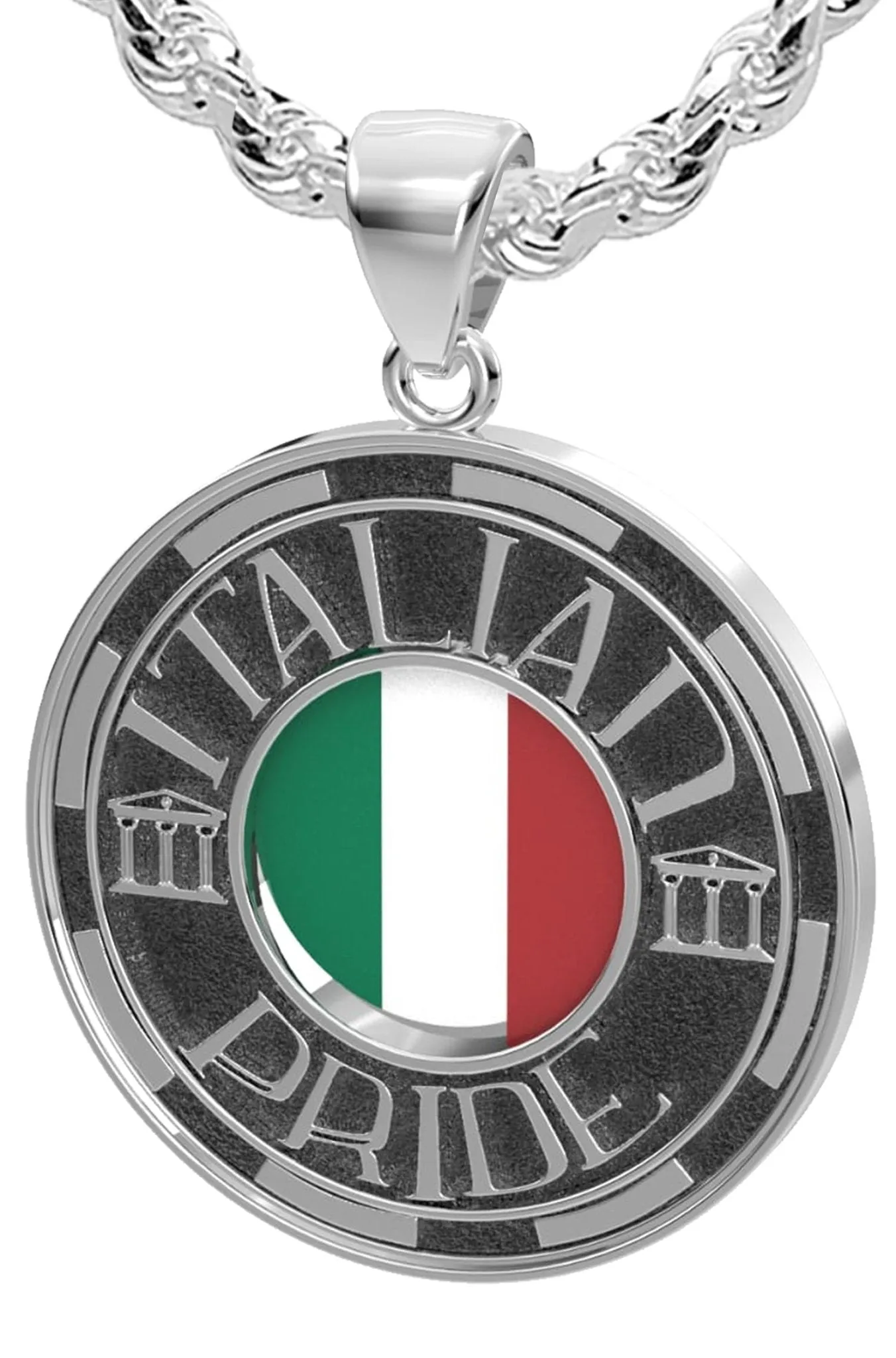 Men's 925 Sterling Silver Italian Pride Medal Pendant Necklace with Flag, 33mm