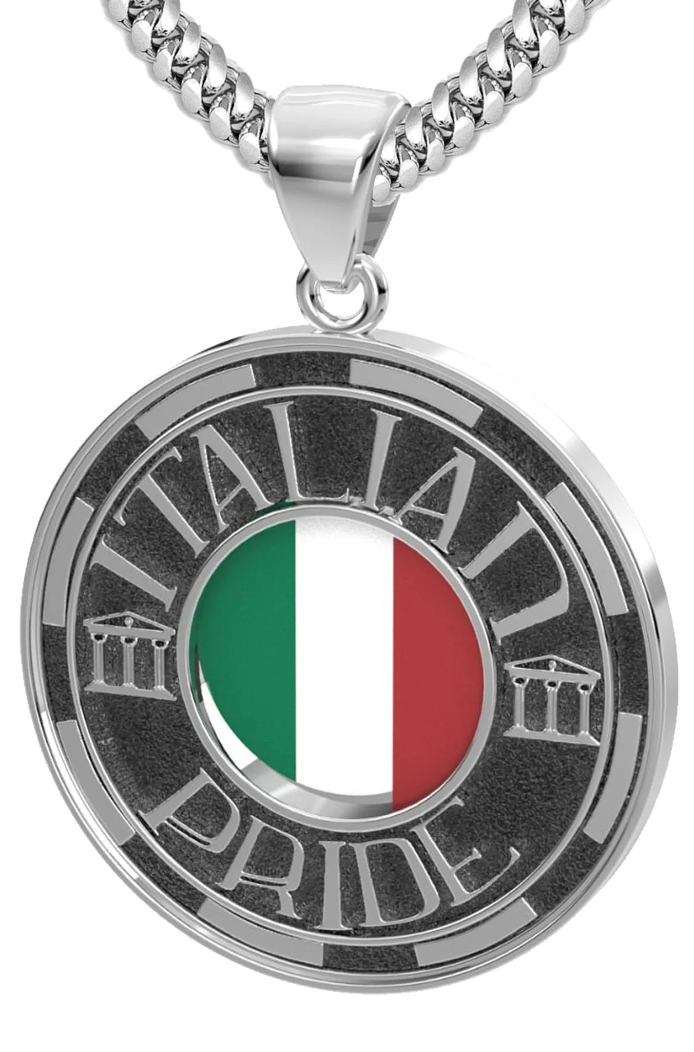 Men's 925 Sterling Silver Italian Pride Medal Pendant Necklace with Flag, 33mm