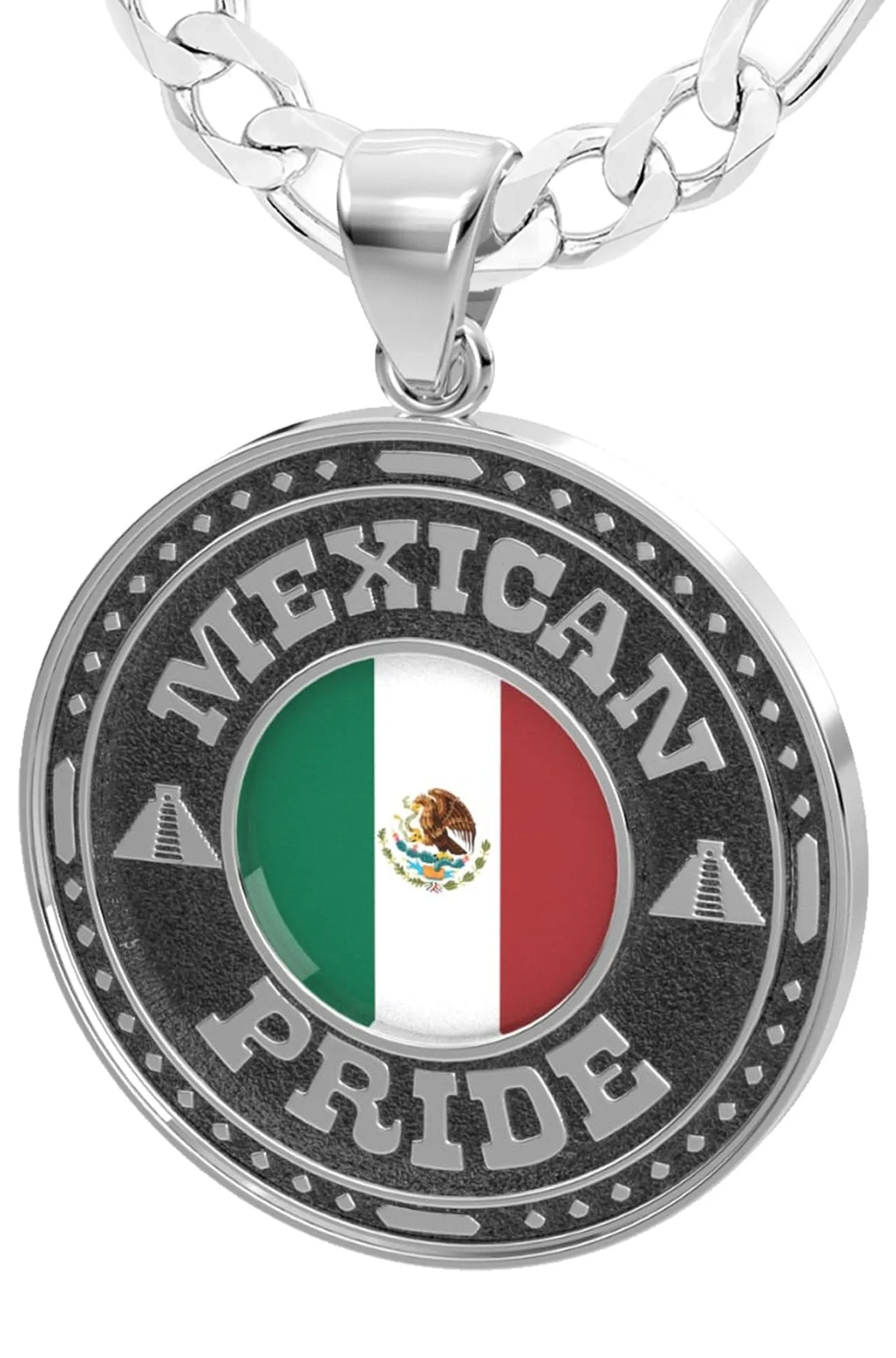 Men's 925 Sterling Silver Mexican Pride Medal Pendant Necklace with Flag, 33mm