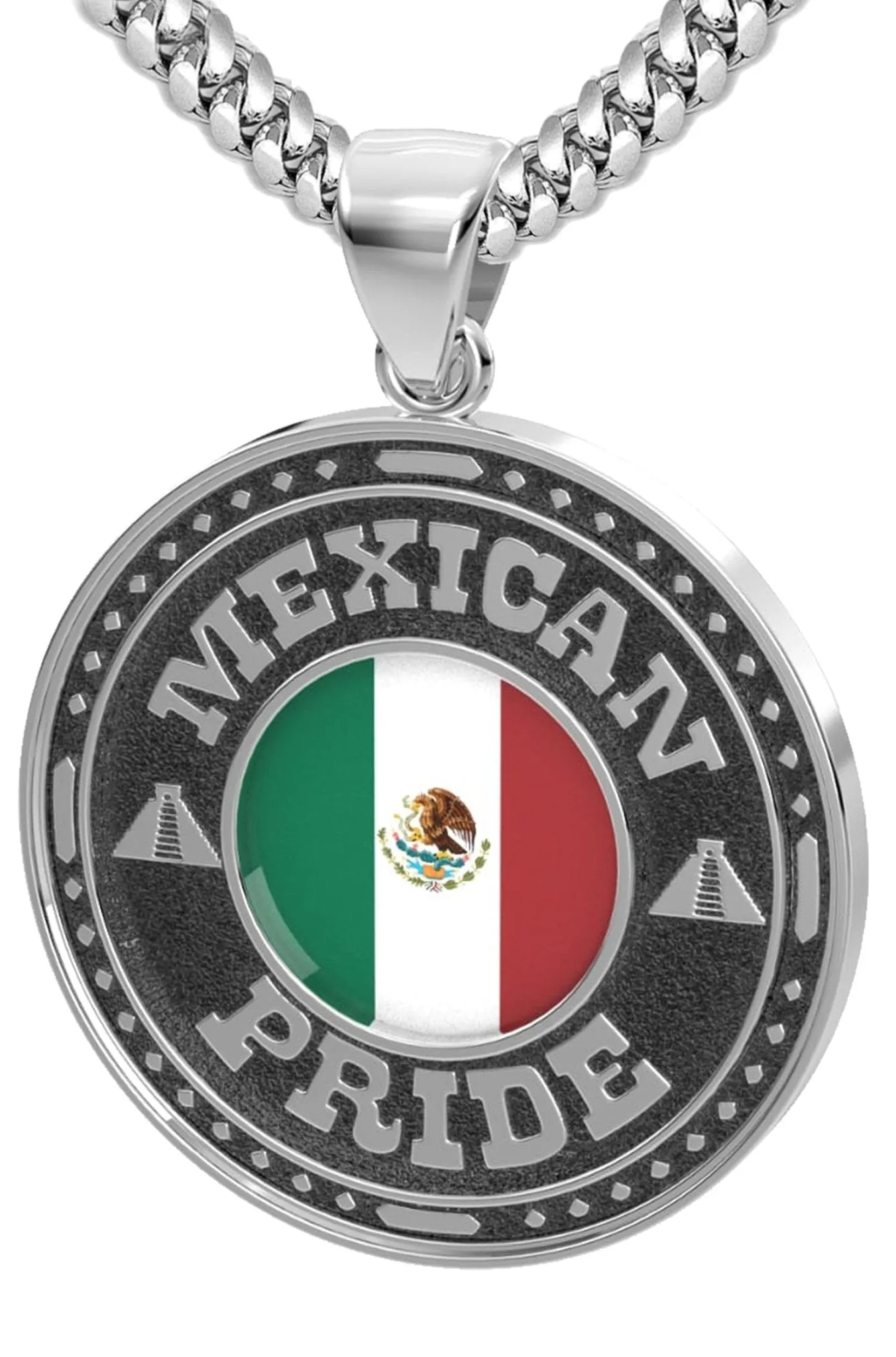 Men's 925 Sterling Silver Mexican Pride Medal Pendant Necklace with Flag, 33mm
