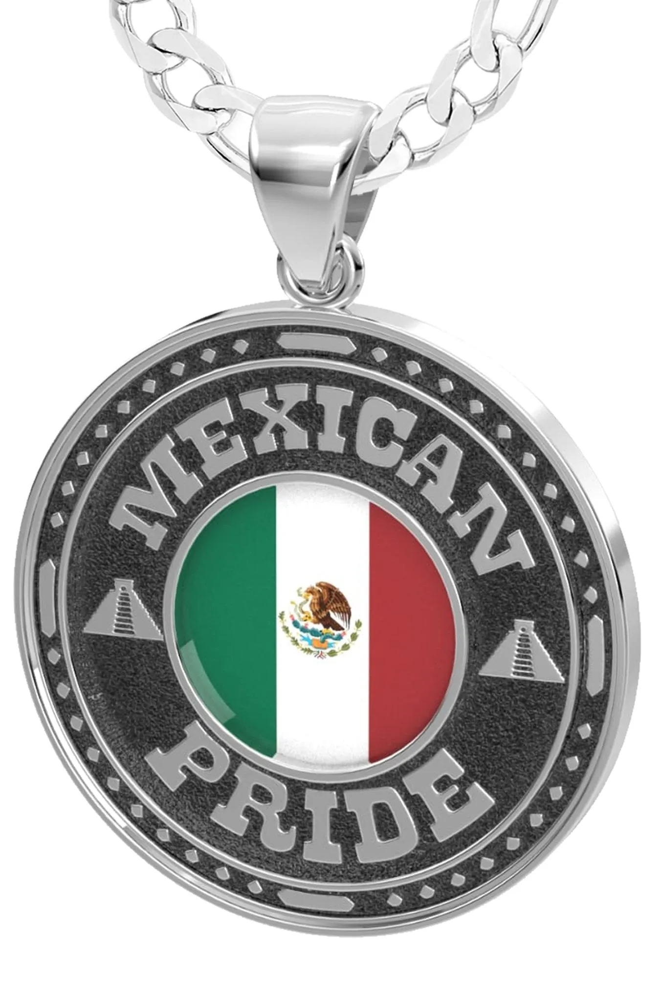 Men's 925 Sterling Silver Mexican Pride Medal Pendant Necklace with Flag, 33mm