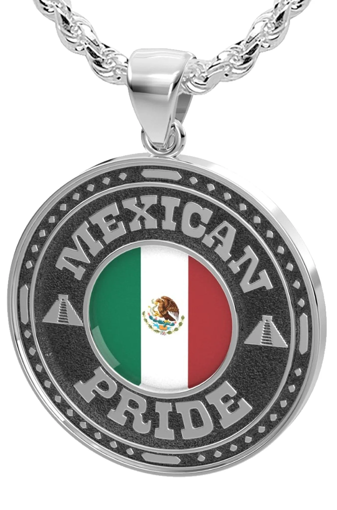 Men's 925 Sterling Silver Mexican Pride Medal Pendant Necklace with Flag, 33mm