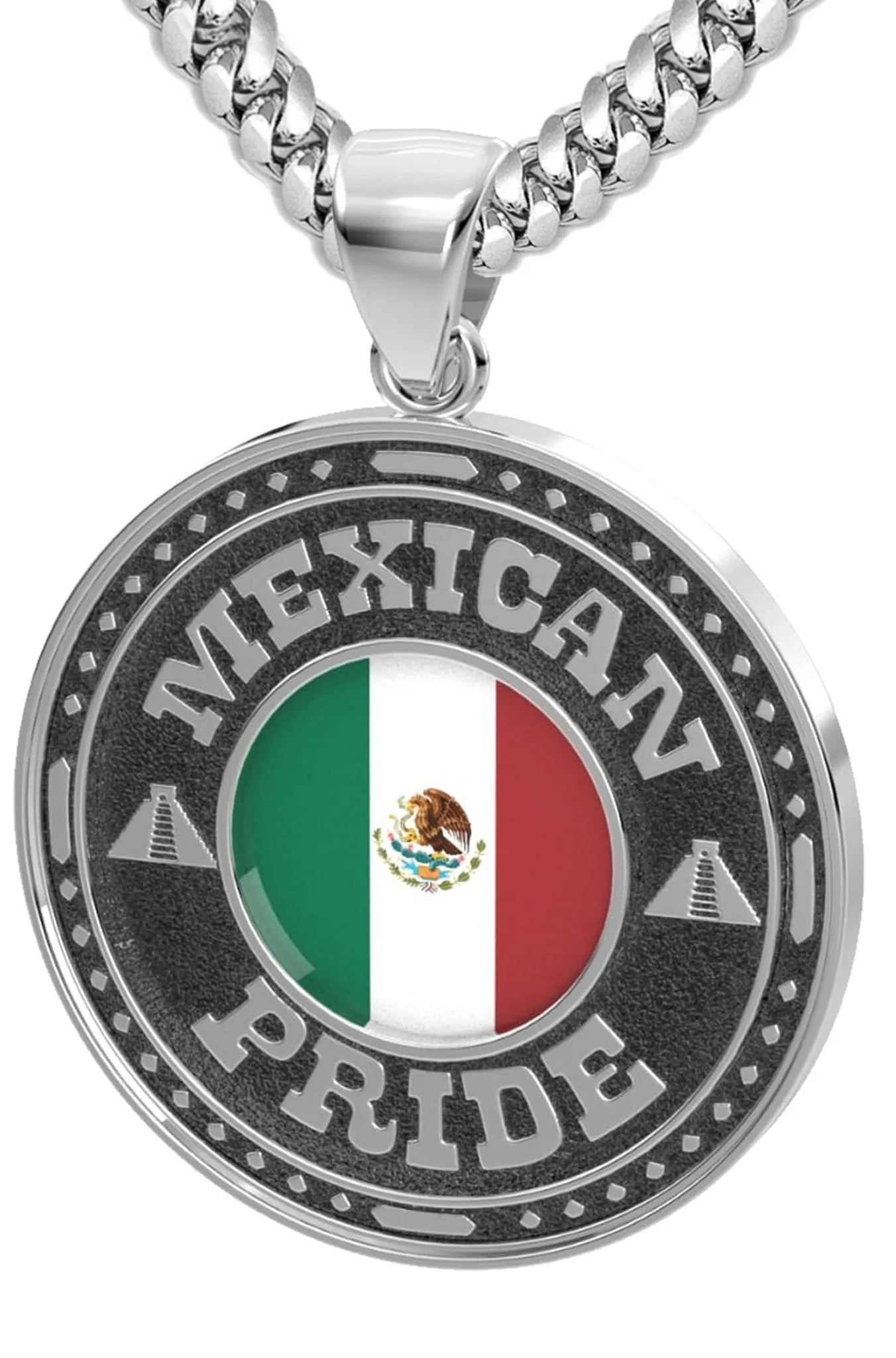 Men's 925 Sterling Silver Mexican Pride Medal Pendant Necklace with Flag, 33mm