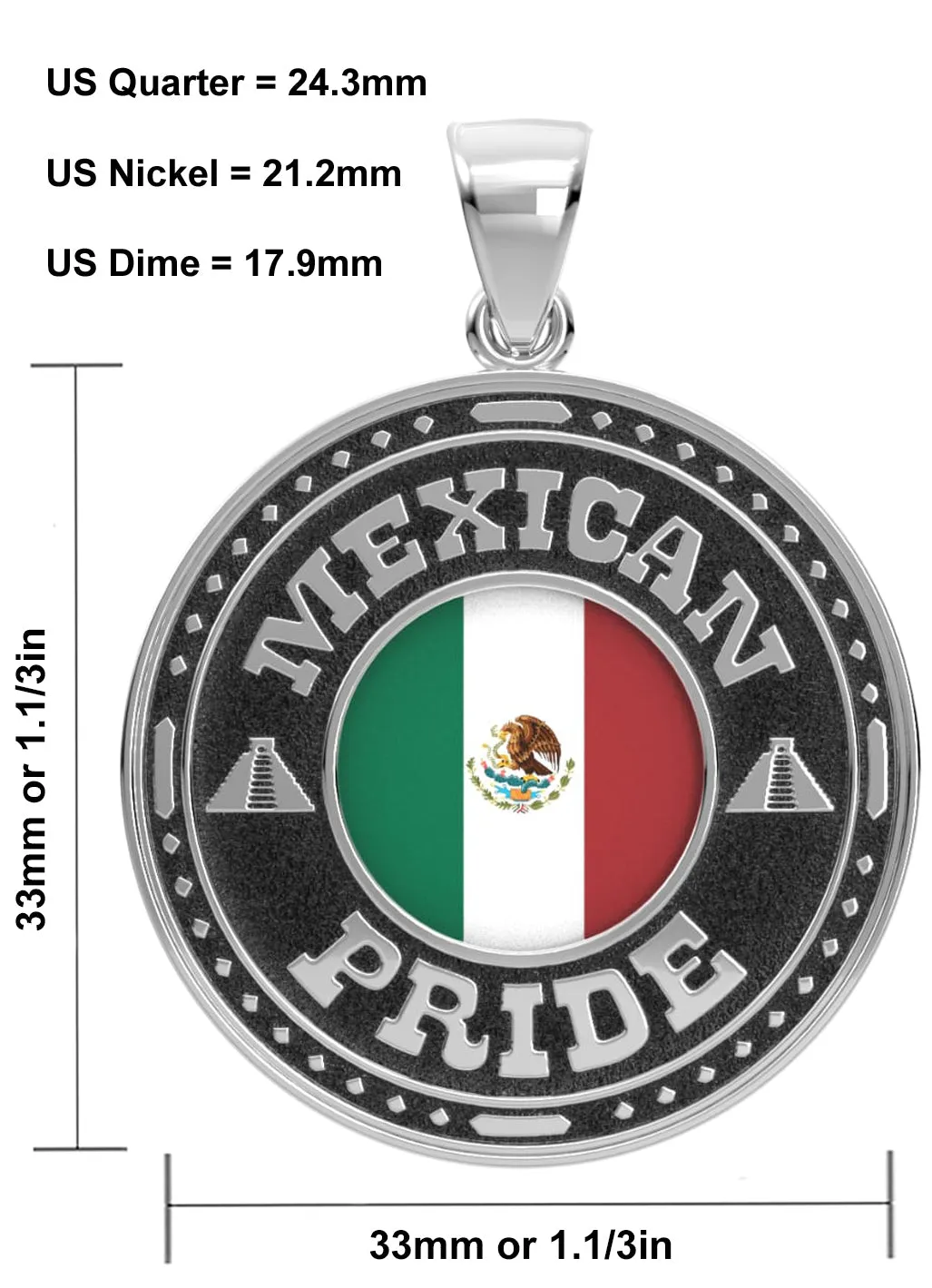 Men's 925 Sterling Silver Mexican Pride Medal Pendant Necklace with Flag, 33mm