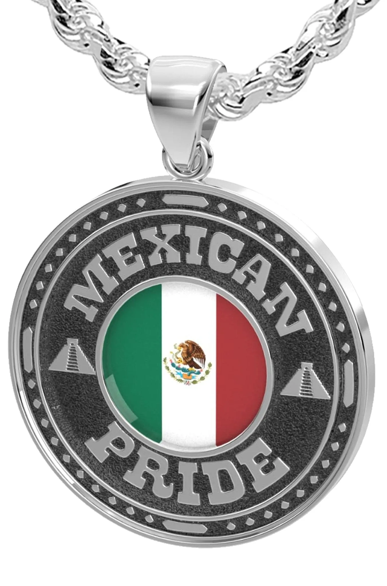 Men's 925 Sterling Silver Mexican Pride Medal Pendant Necklace with Flag, 33mm