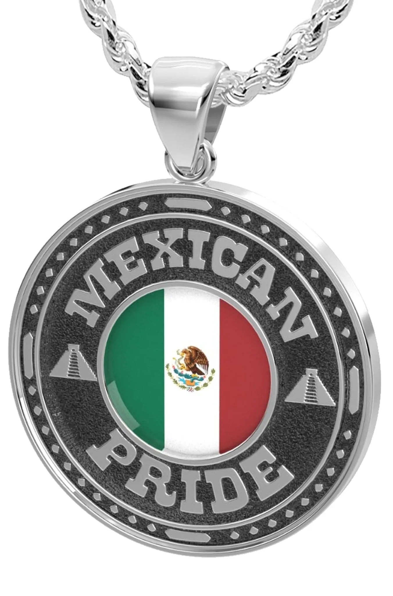 Men's 925 Sterling Silver Mexican Pride Medal Pendant Necklace with Flag, 33mm