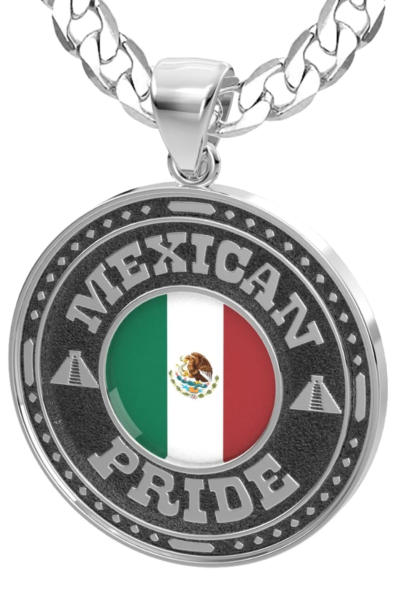 Men's 925 Sterling Silver Mexican Pride Medal Pendant Necklace with Flag, 33mm