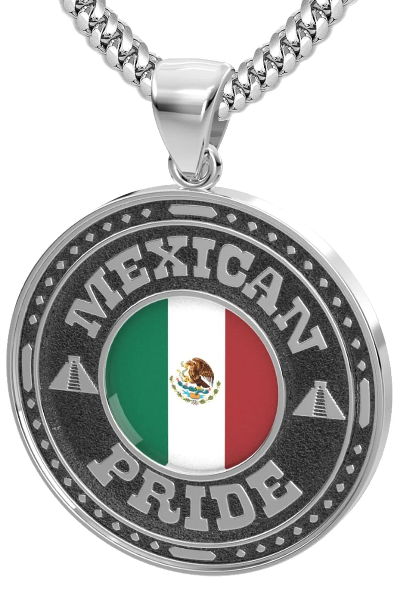 Men's 925 Sterling Silver Mexican Pride Medal Pendant Necklace with Flag, 33mm