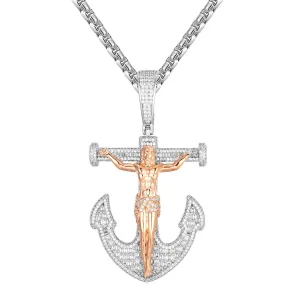 Mens Cross Anchor Jesus Iced Out Rose Gold Tone Pendant