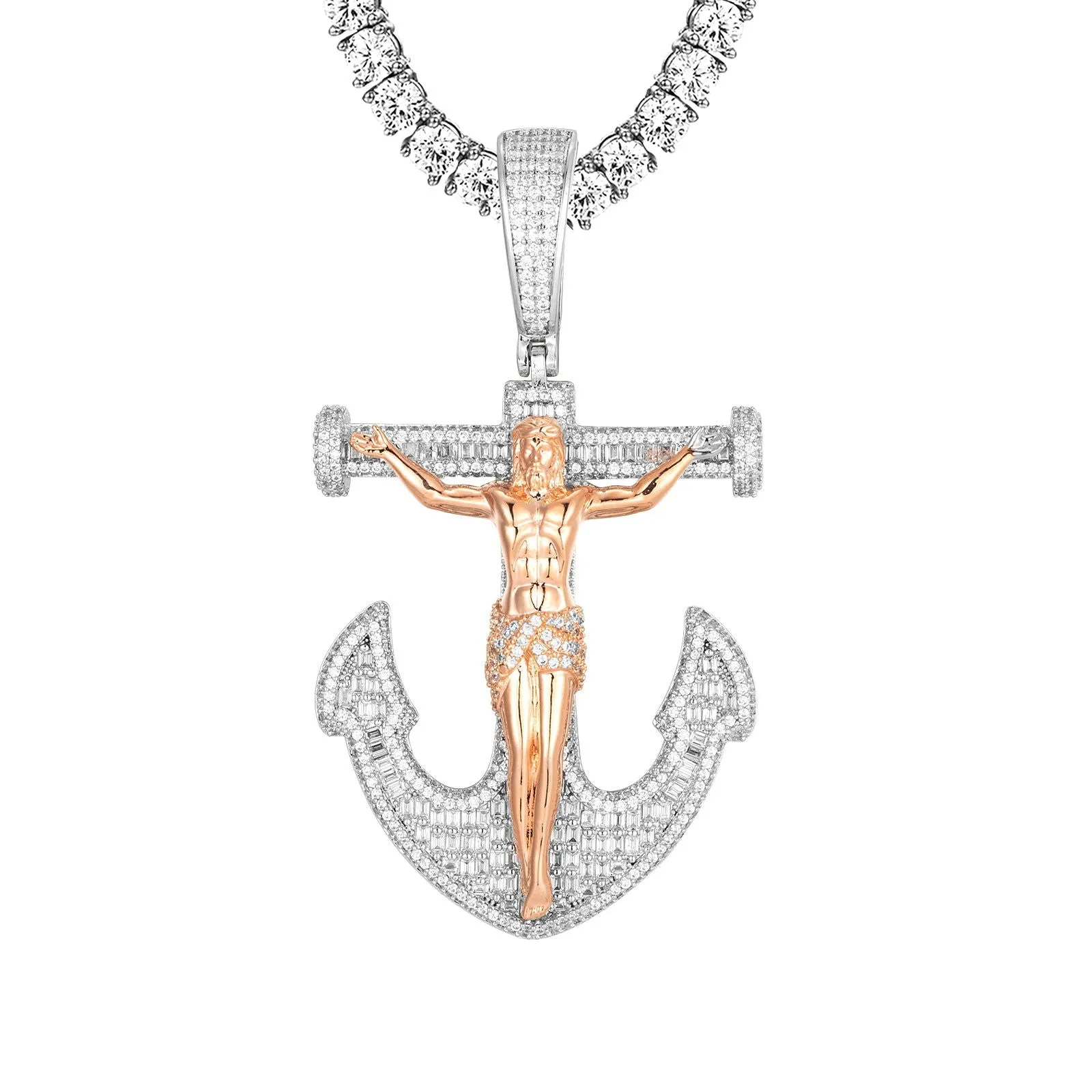 Mens Cross Anchor Jesus Iced Out Rose Gold Tone Pendant