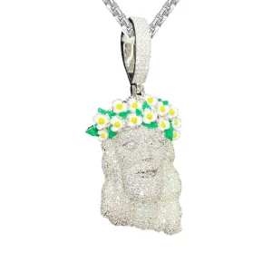 Mens Jesus Face Flower Crown Icy Religious White Tone Pendant