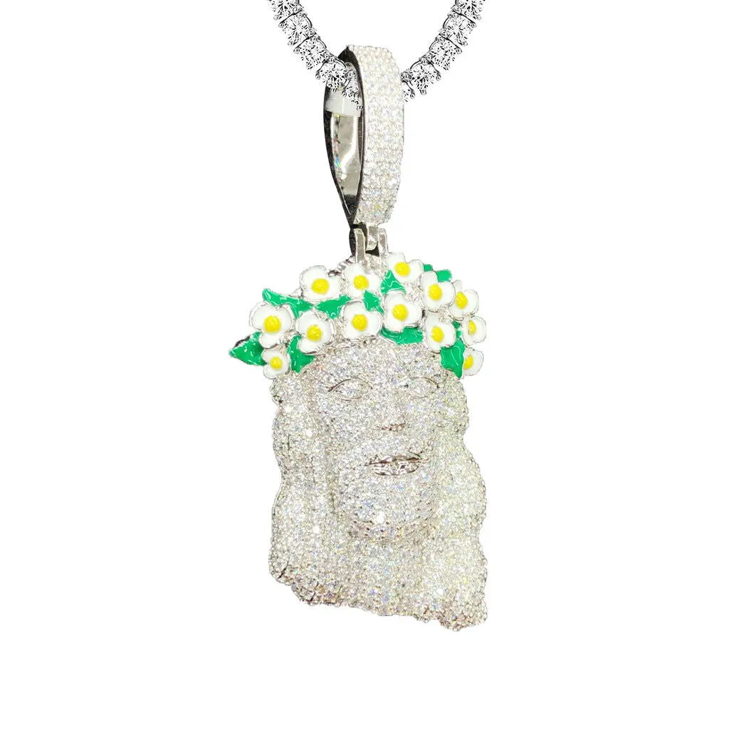 Mens Jesus Face Flower Crown Icy Religious White Tone Pendant