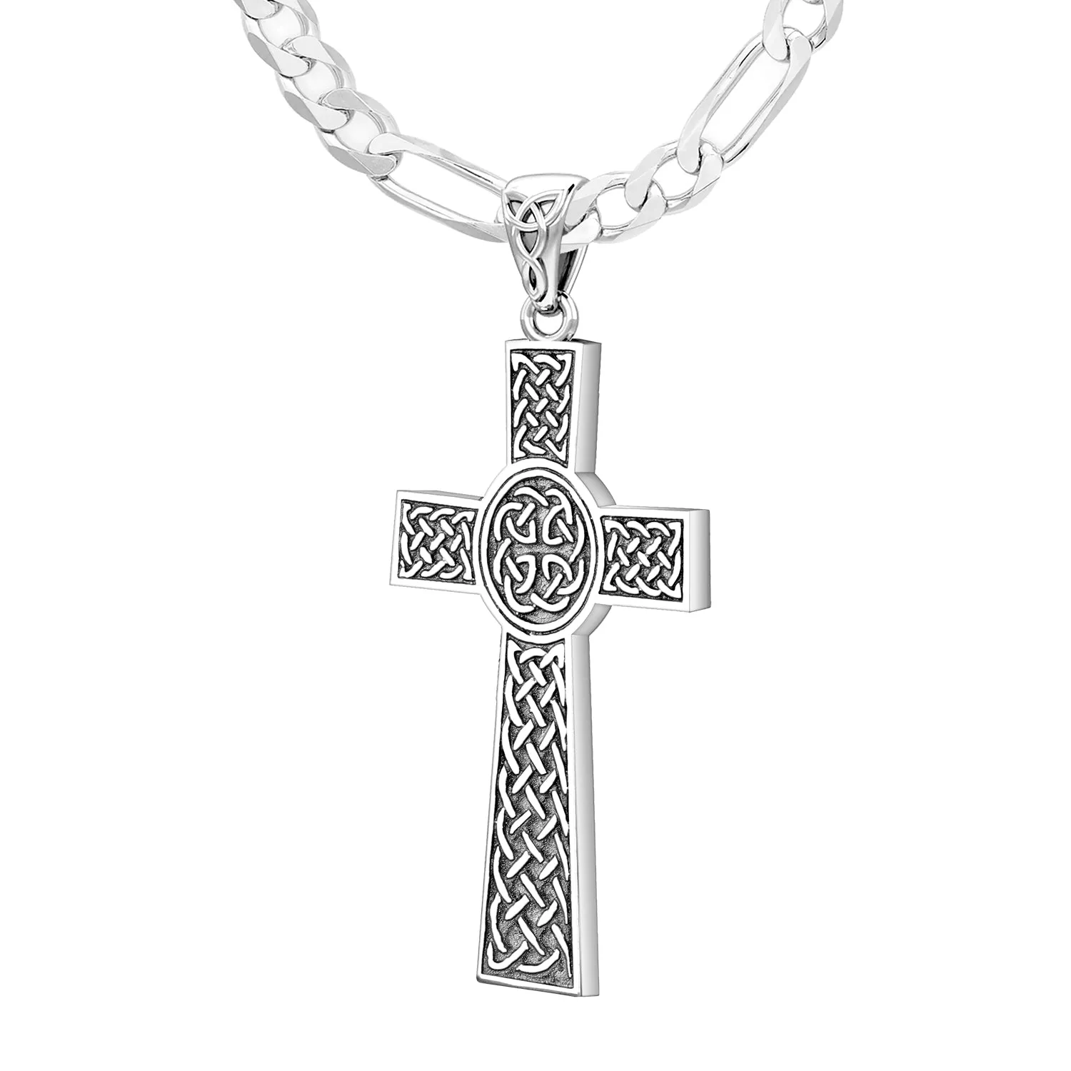 Men's Large 925 Sterling Silver Celtic Cross Pendant Necklace, 43mm