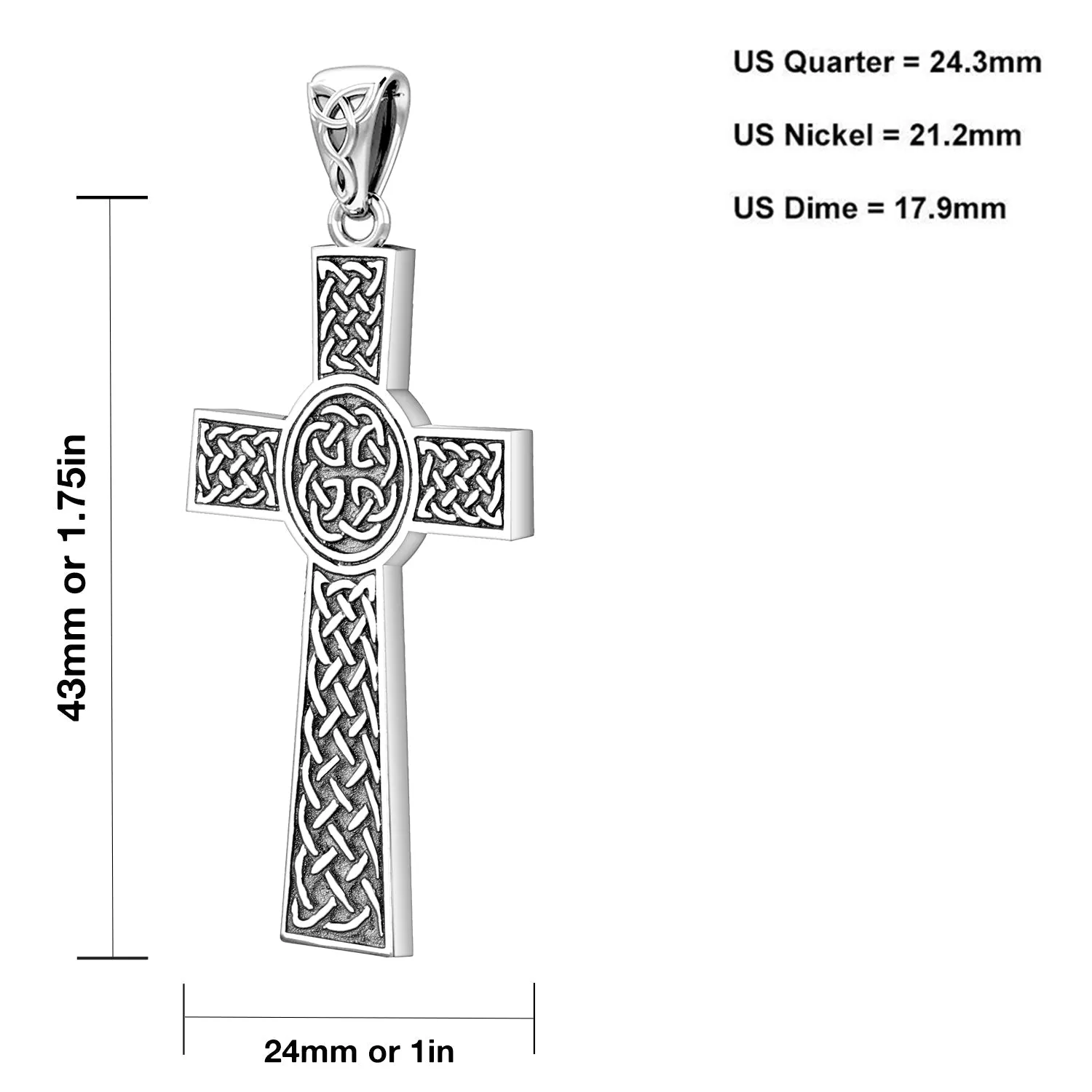 Men's Large 925 Sterling Silver Celtic Cross Pendant Necklace, 43mm