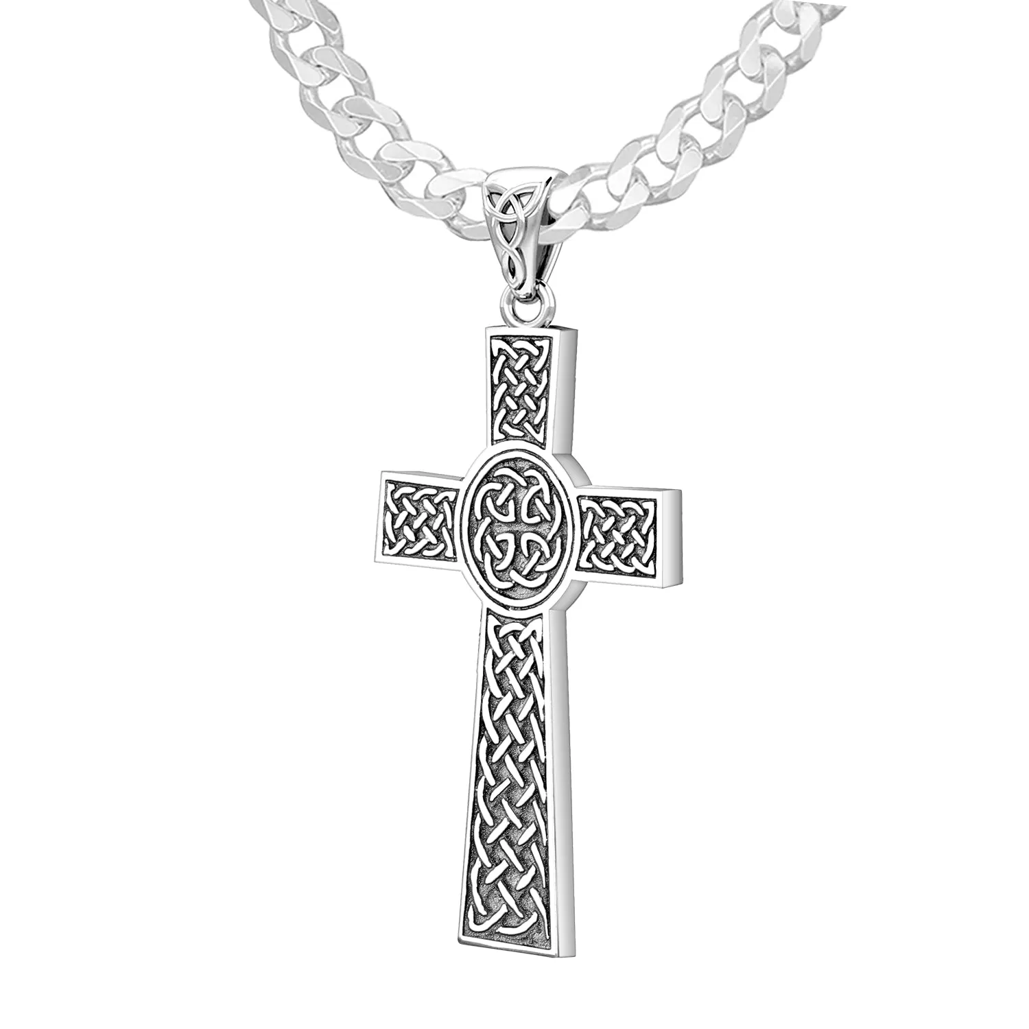 Men's Large 925 Sterling Silver Celtic Cross Pendant Necklace, 43mm
