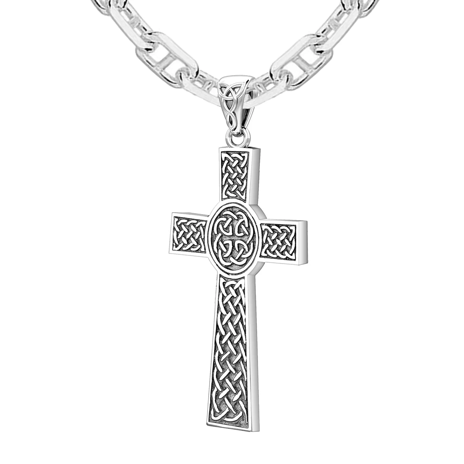 Men's Large 925 Sterling Silver Celtic Cross Pendant Necklace, 43mm