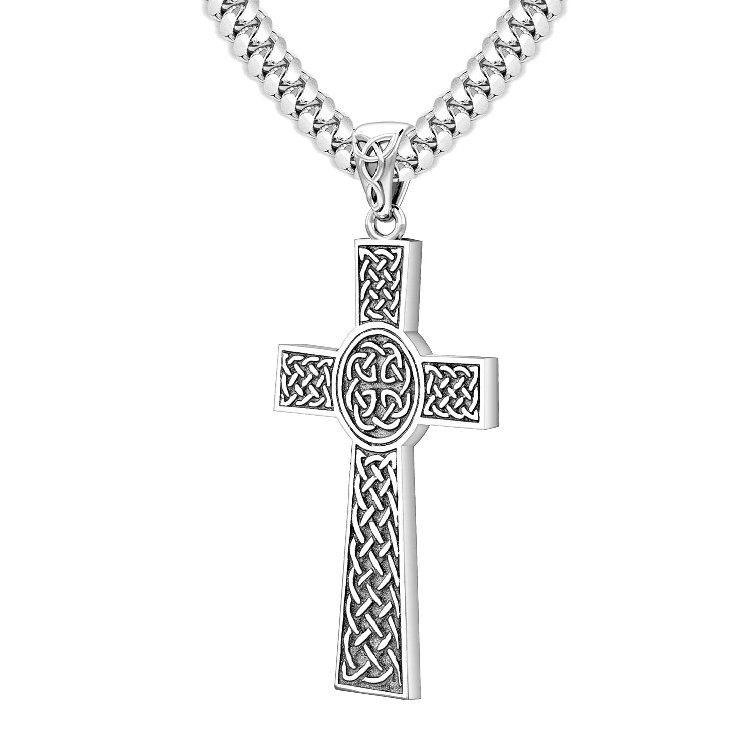 Men's Large 925 Sterling Silver Celtic Cross Pendant Necklace, 43mm