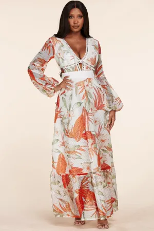 MESH FABRIC ORANGE TROPICAL PRINT MAXI DRESS