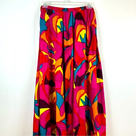 Midnight Velvet Large Funky Print Colorful Maxi Skirt Pompom Trim Size L
