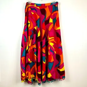 Midnight Velvet Large Funky Print Colorful Maxi Skirt Pompom Trim Size L