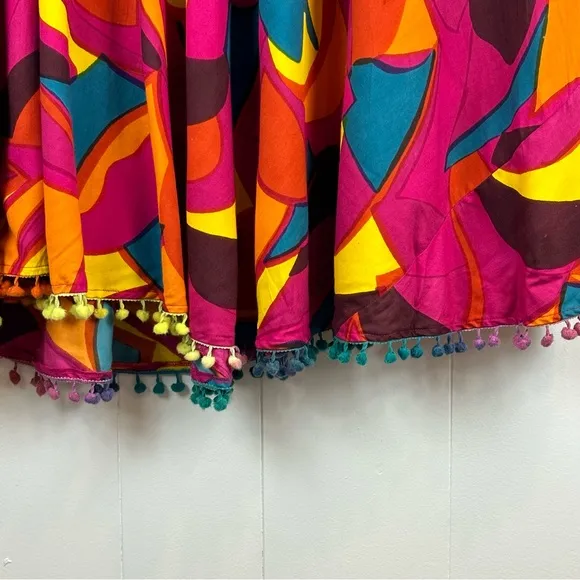 Midnight Velvet Large Funky Print Colorful Maxi Skirt Pompom Trim Size L