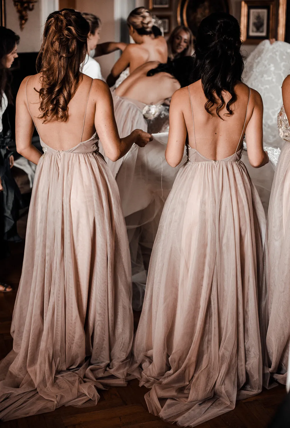 Mismatched Tulle A-Line Backless Applique Elegant Bridesmaid Dress, FC1733