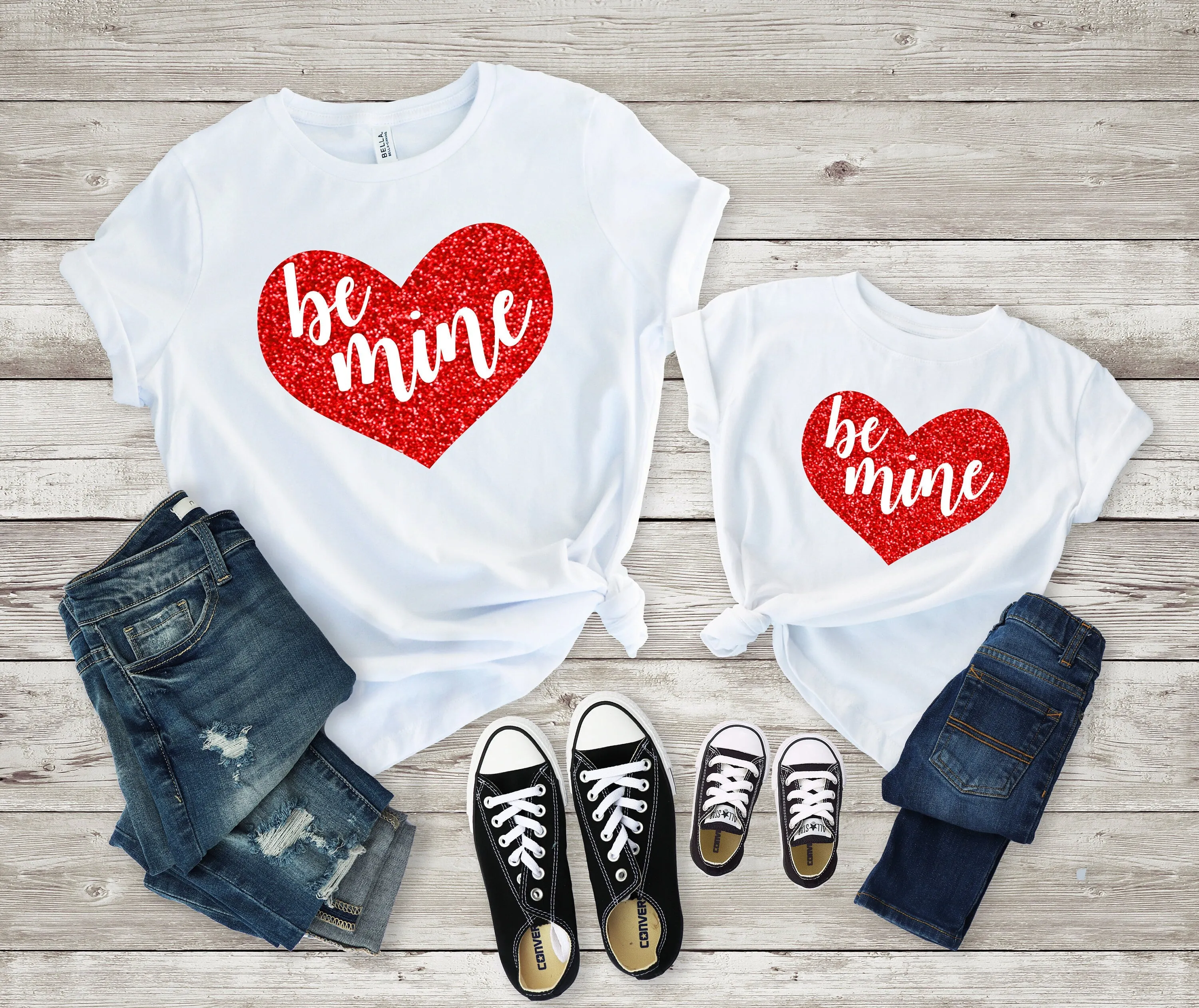 Mommy & Me Matching Red Glitter Be Mine Valentine Shirts