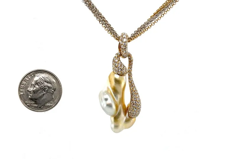 Natural Golden Keshi Pearl and Diamond Pendant with Multi-Strand Gold Chain