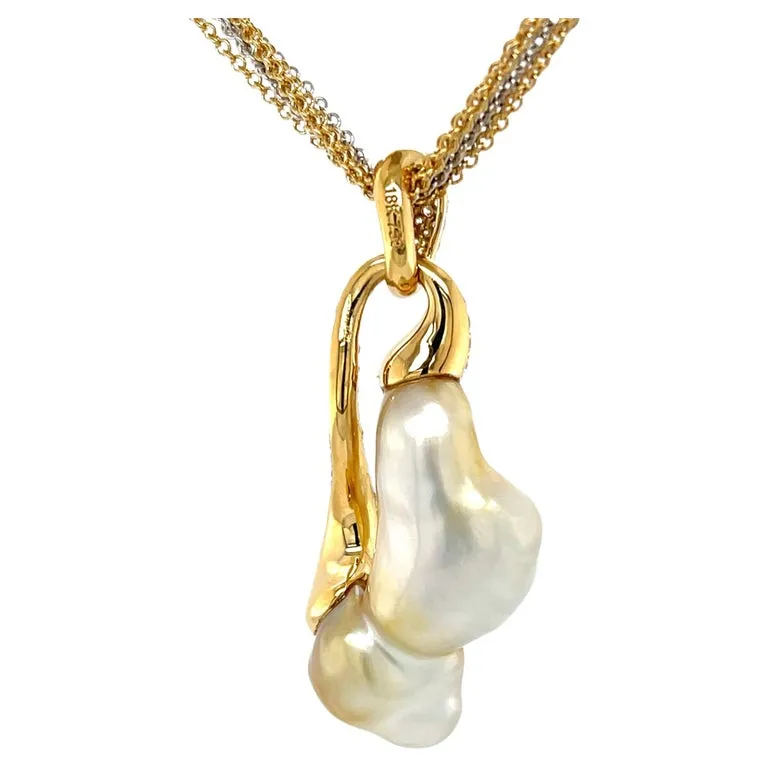 Natural Golden Keshi Pearl and Diamond Pendant with Multi-Strand Gold Chain