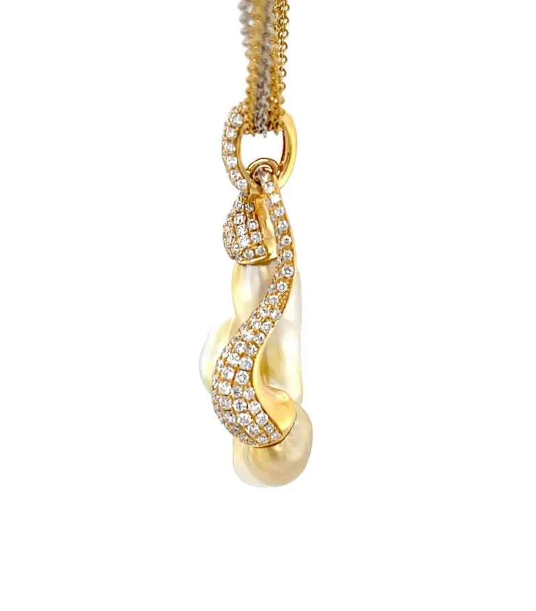 Natural Golden Keshi Pearl and Diamond Pendant with Multi-Strand Gold Chain